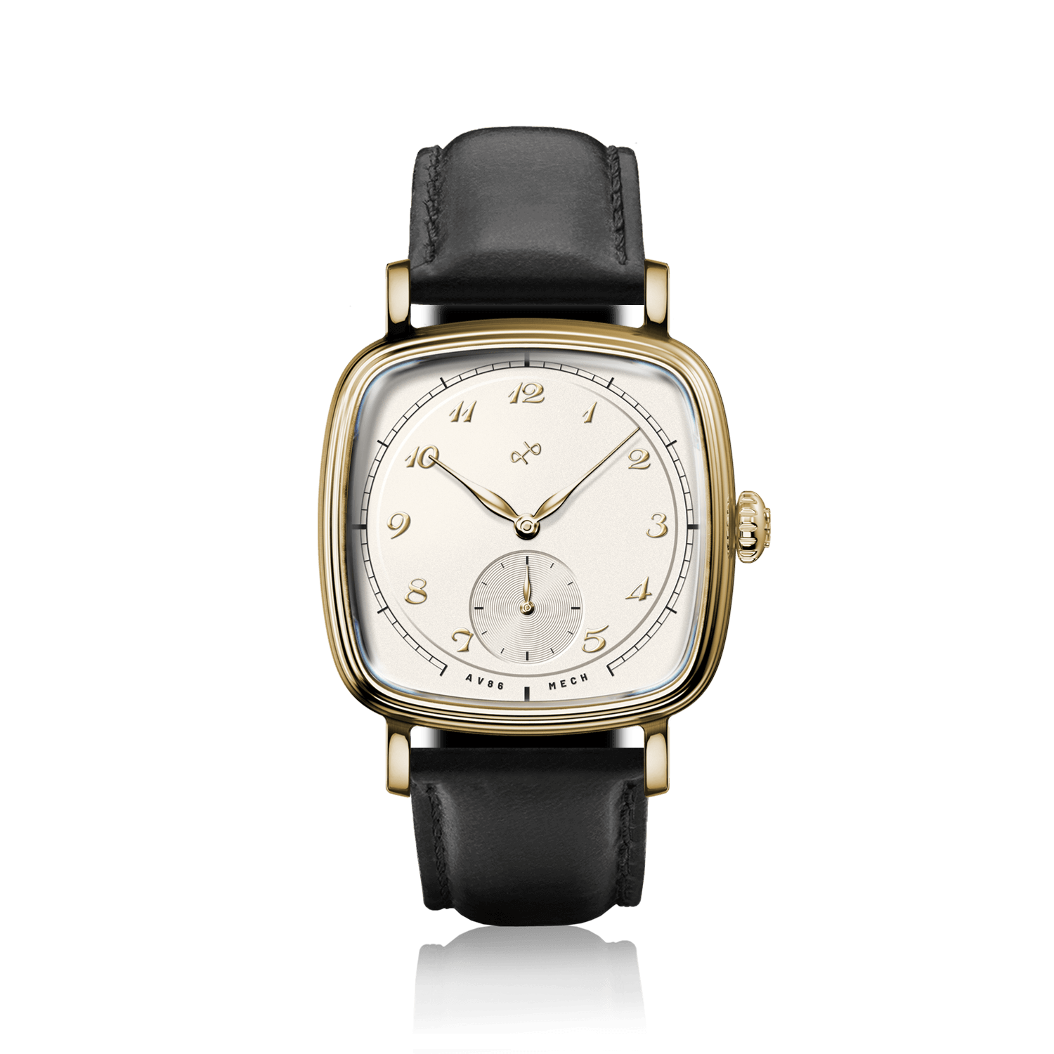 1954 Amalfi Mechanical by AV86 with polished cushion case, vintage dial, small seconds, sapphire crystal, and black leather strap