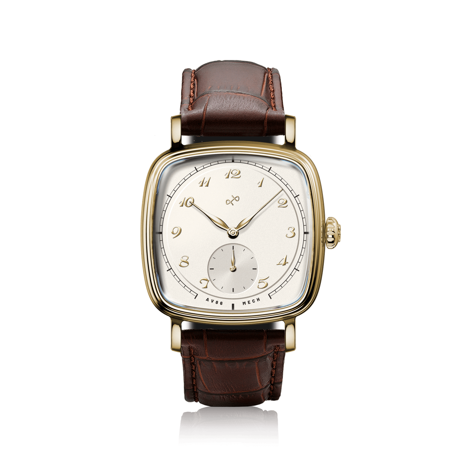 1954 Amalfi Mechanical by AV86 with polished gold cushion case, off-white dial, small seconds, sapphire crystal, brown leather strap