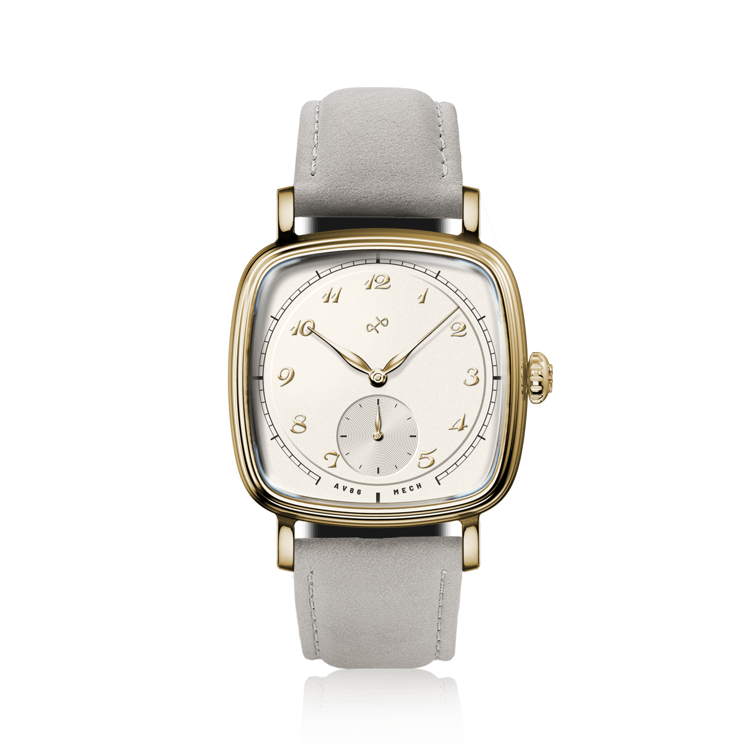 1954 Amalfi Mechanical by AV86 dress watch with polished gold cushion case, off-white dial, small seconds, sapphire crystal, leather strap