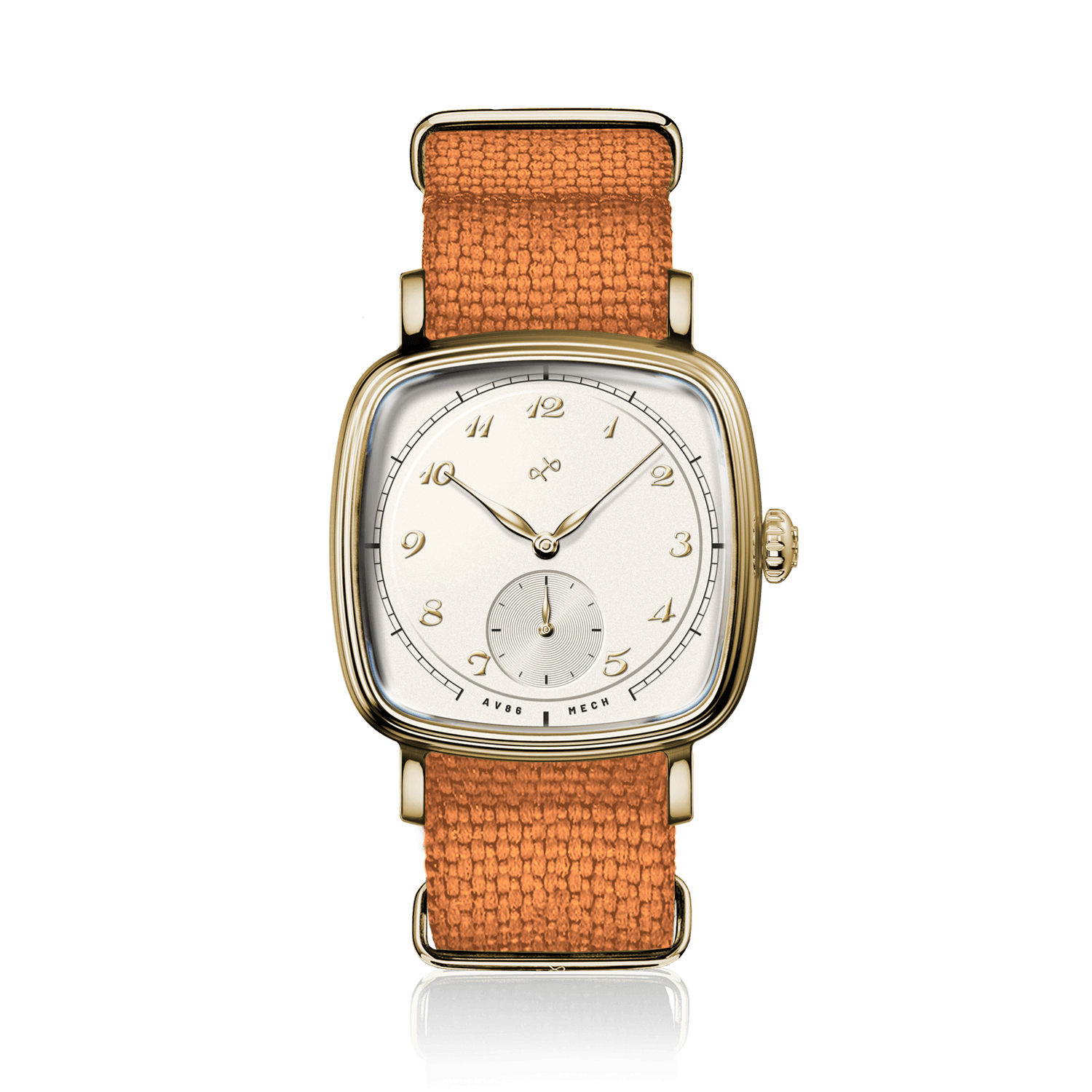 1954 Amalfi Mechanical, Gold / Off White by AV86 luxury dress watch with polished cushion case, vintage dial, small seconds, woven textile strap