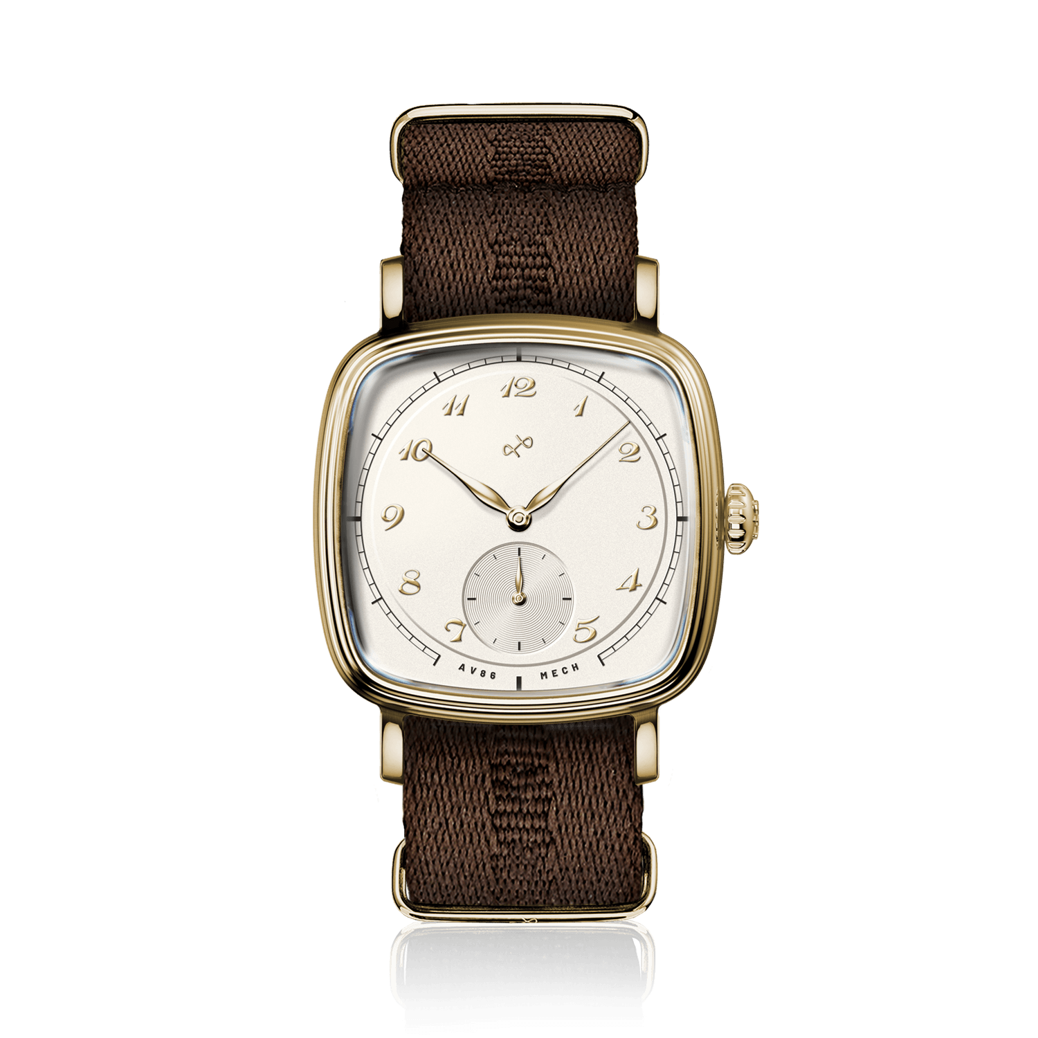 1954 Amalfi Mechanical by AV86 luxury dress watch with polished gold cushion case, vintage dial, small seconds, textured fabric strap