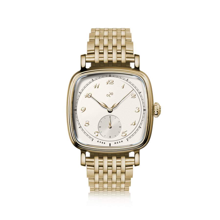 1954 Amalfi Mechanische Dresswatch von AV86 – luxuriöse Dresswatch mit poliertem, kissenförmigem Gehäuse aus Gold, mechanischem Uhrwerk, kleiner Sekunde und Metallarmband