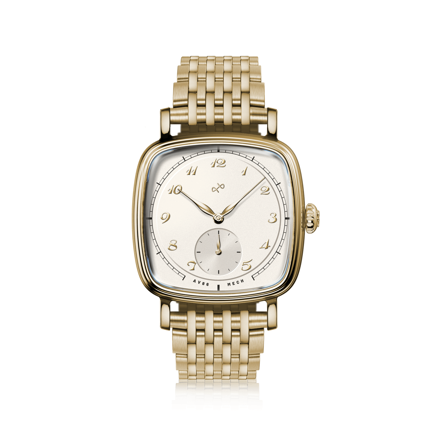 1954 Amalfi Mechanical by AV86 luxury dress watch with polished gold cushion case, mechanical movement, small seconds, metal link bracelet