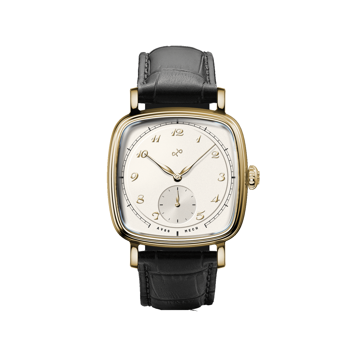 Vintage-inspired dress watch by AV86 with rounded square case, mechanical small seconds, curved sapphire crystal, and black leather strap