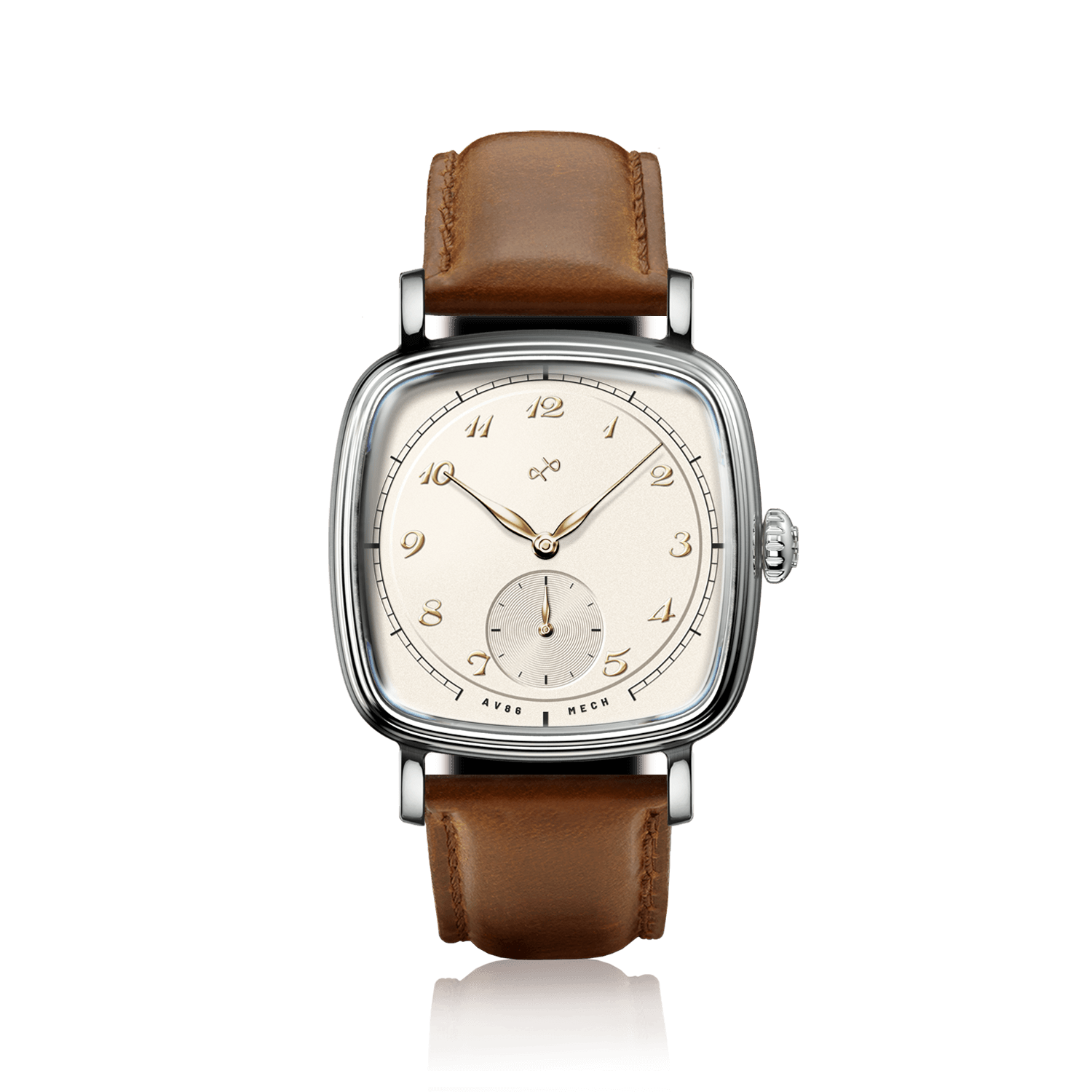 1954 Amalfi Mechanical by AV86 with cushion-shaped case, vintage dial, small seconds, sapphire crystal, and brown leather strap