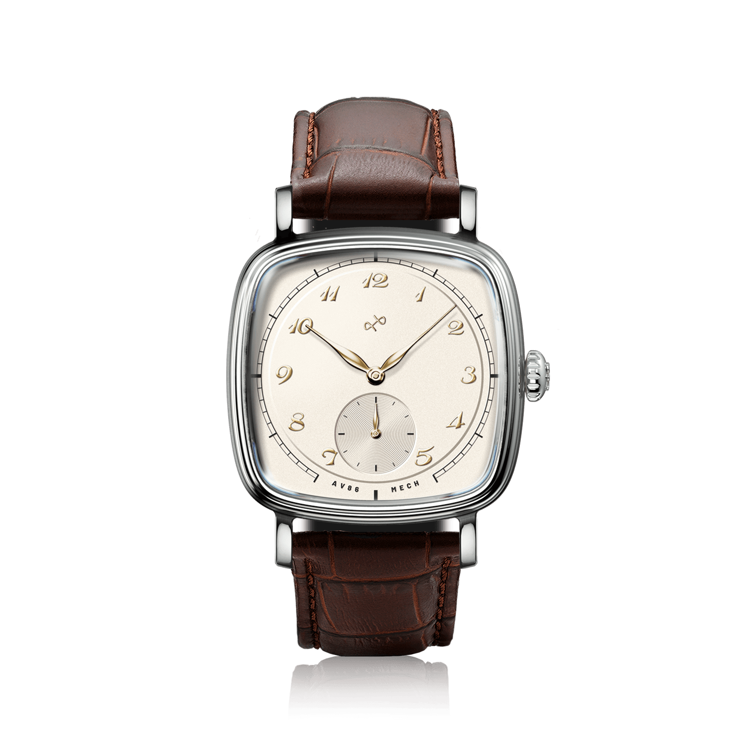 1954 Amalfi Mechanical by AV86 with cushion-shaped case, vintage dial, small seconds subdial, sapphire crystal, and brown leather strap