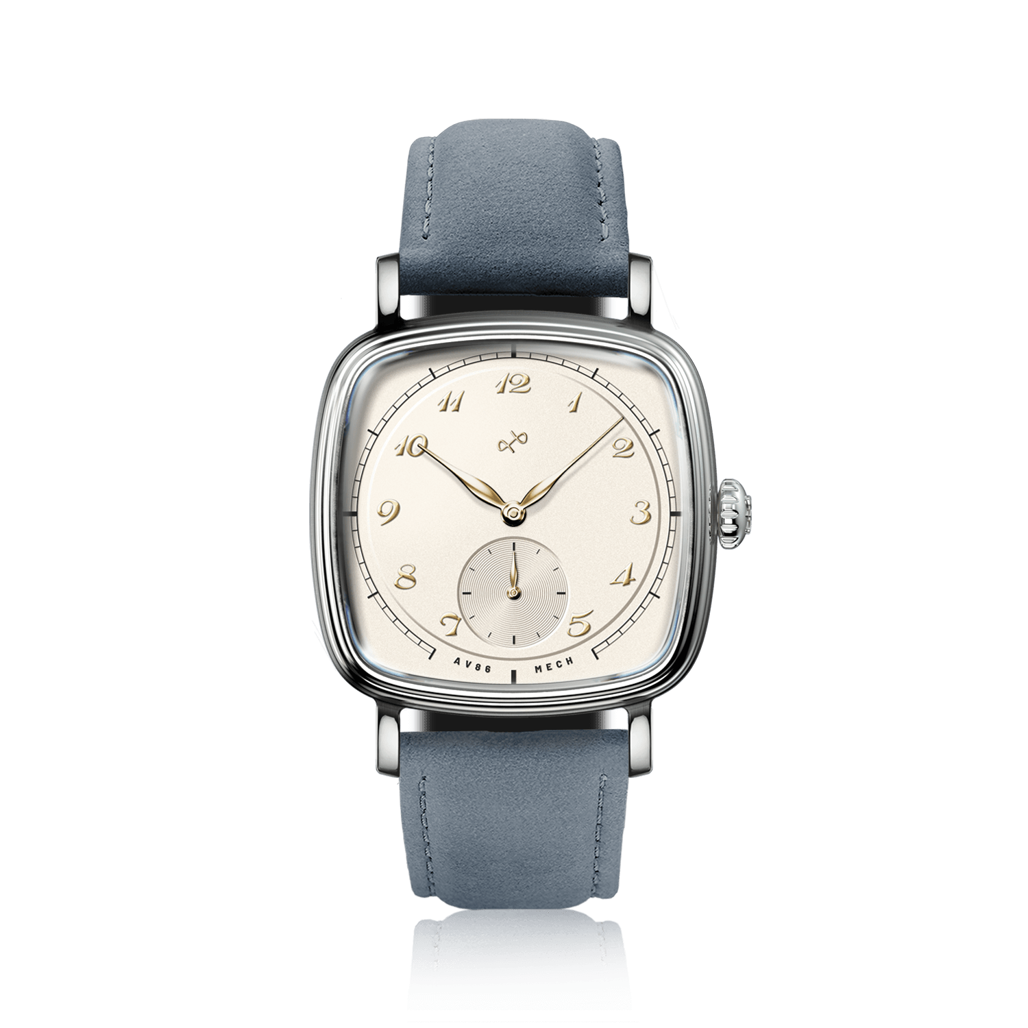 1954 Amalfi Mechanical by AV86 with cushion-shaped case, vintage-inspired dial, small seconds subdial, sapphire crystal, and suede strap