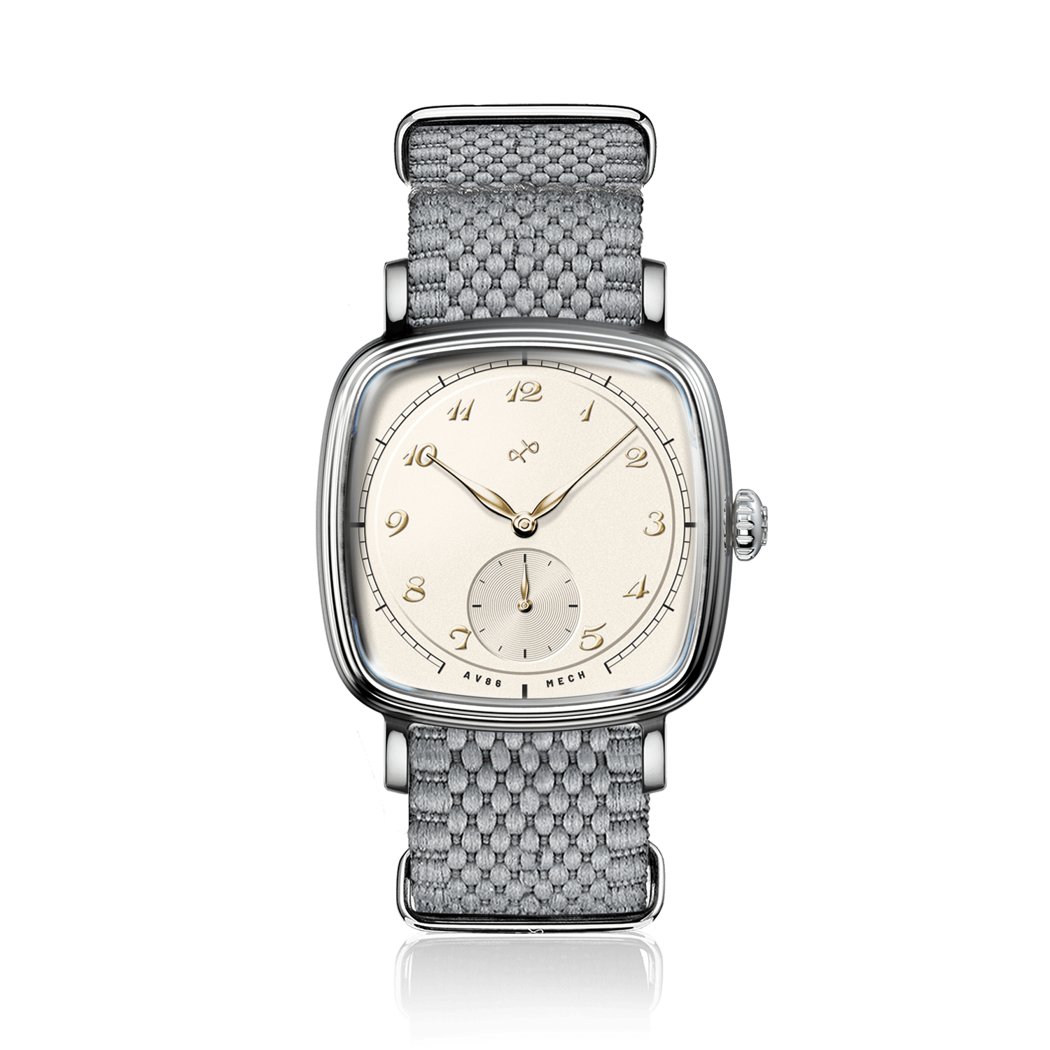 1954 Amalfi Mechanical by AV86 with cushion-shaped case, vintage-inspired dial, small seconds, sapphire crystal, and woven textile strap