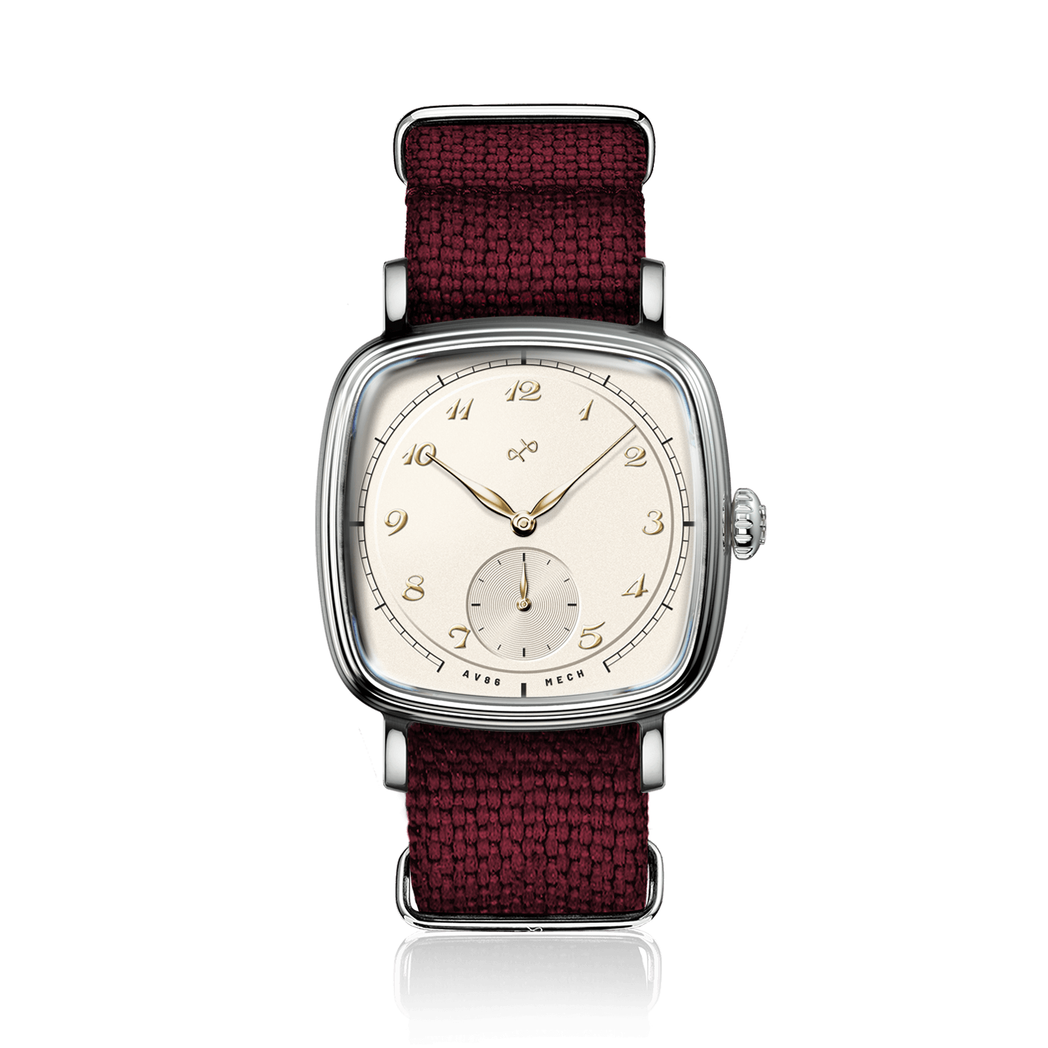 1954 Amalfi Mechanical by AV86 with cushion-shaped case, vintage-inspired dial, small seconds, sapphire crystal, and burgundy woven strap