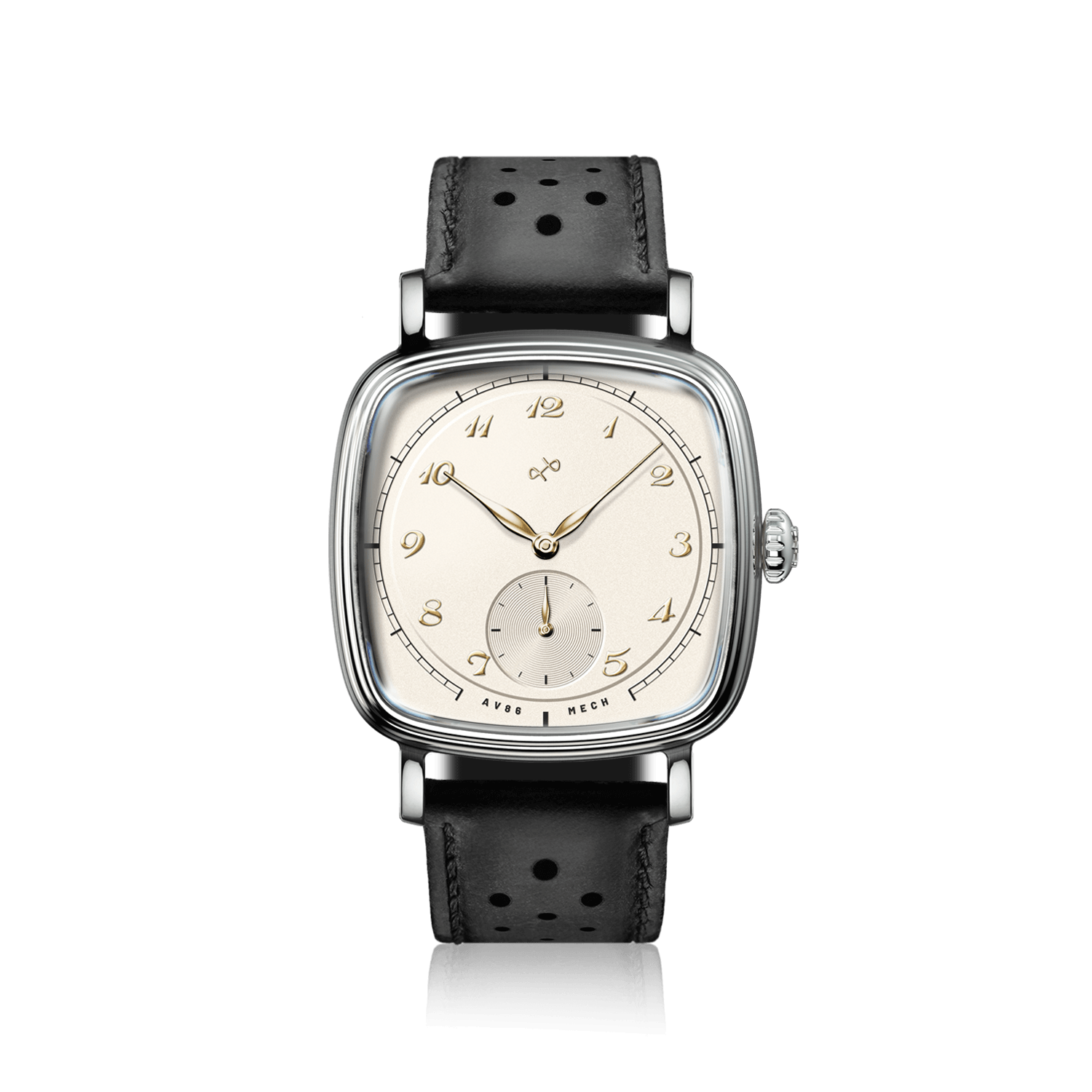 1954 Amalfi Mechanical by AV86 with cushion case, vintage dial, small seconds subdial, sapphire crystal, and perforated black leather strap