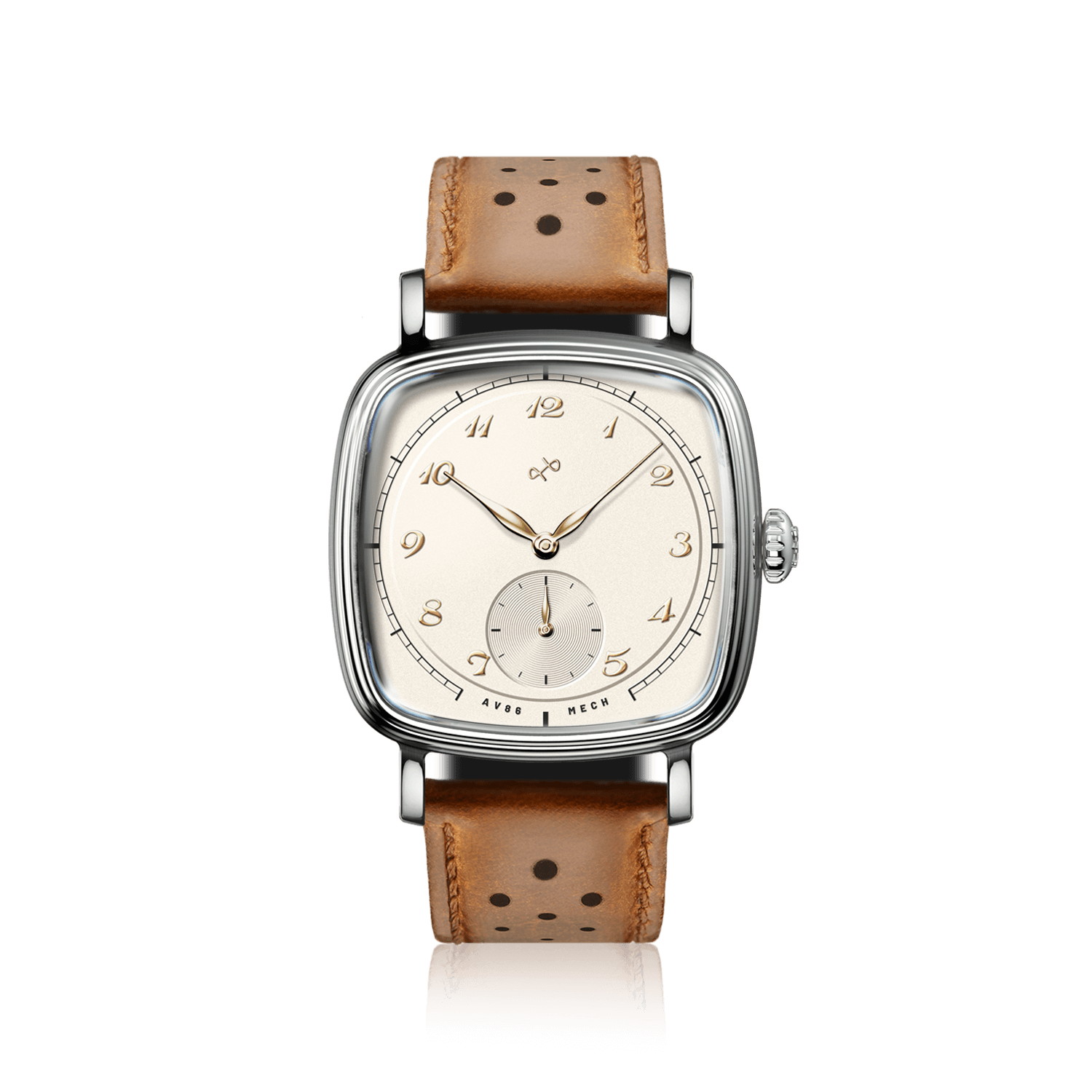 1954 Amalfi Mechanical by AV86 with cushion-shaped steel case, vintage dial, small seconds, sapphire crystal, and perforated leather strap
