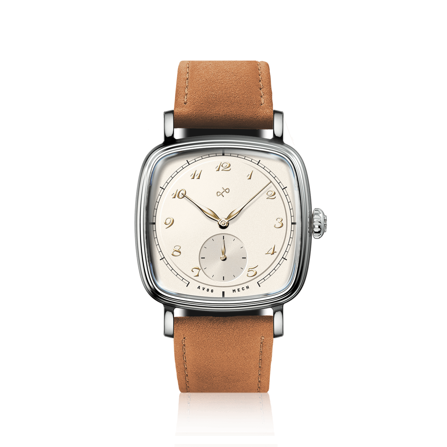 1954 Amalfi Mechanical by AV86 with cushion steel case, vintage-inspired dial, small seconds subdial, sapphire crystal, and tan leather strap