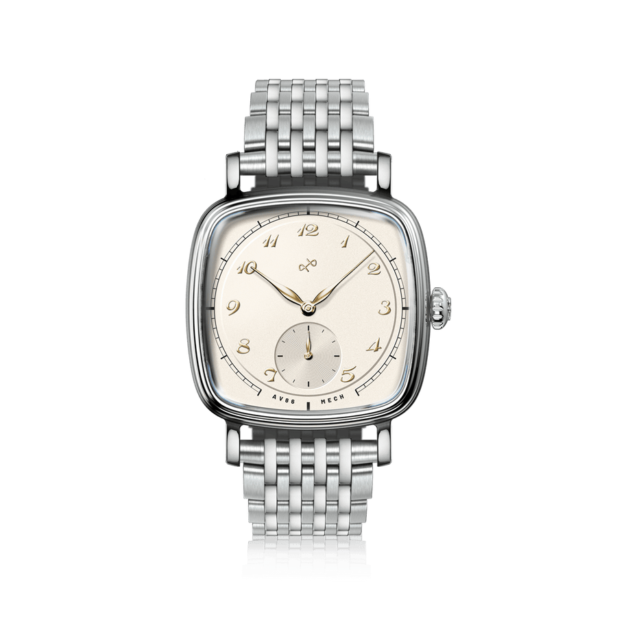 1954 Amalfi Mechanisch von AV86 mit poliertem Kissengehäuse, Zifferblatt im Vintage-Stil, kleines Hilfszifferblatt für die Sekunde, Saphirglas und Metallarmband