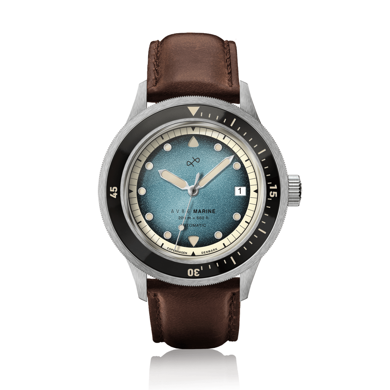 1956 Marine Automatic, Steel / Blue Fade wristwatch by AV86 with blue fade dial and brown leather strap, vintage-inspired design.