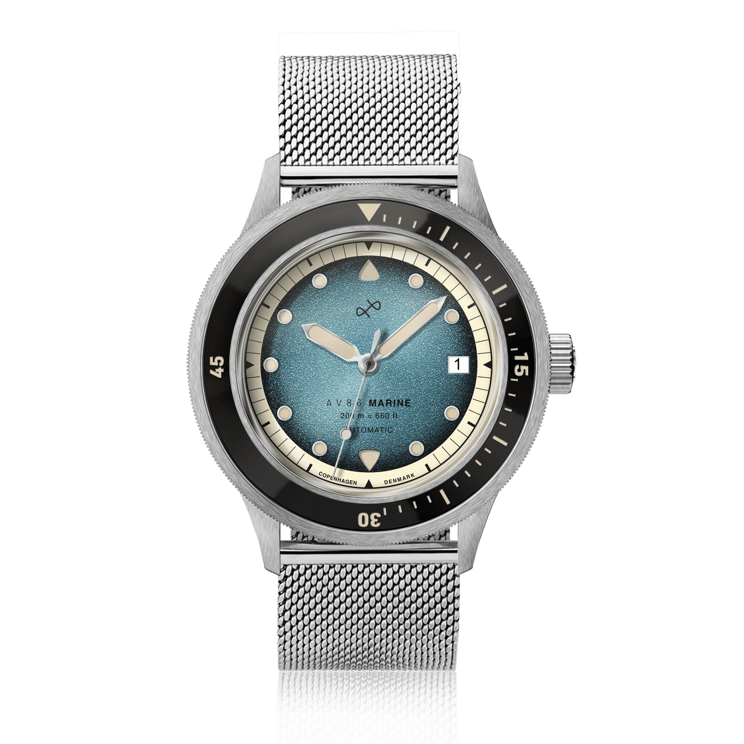 AV86製の1956年モデル「Marine Automatic」、スチール製/ブルー・フェードのヴィンテージ風時計。ステンレススチール製メッシュストラップとブルーのグラデーション文字盤を採用しています。