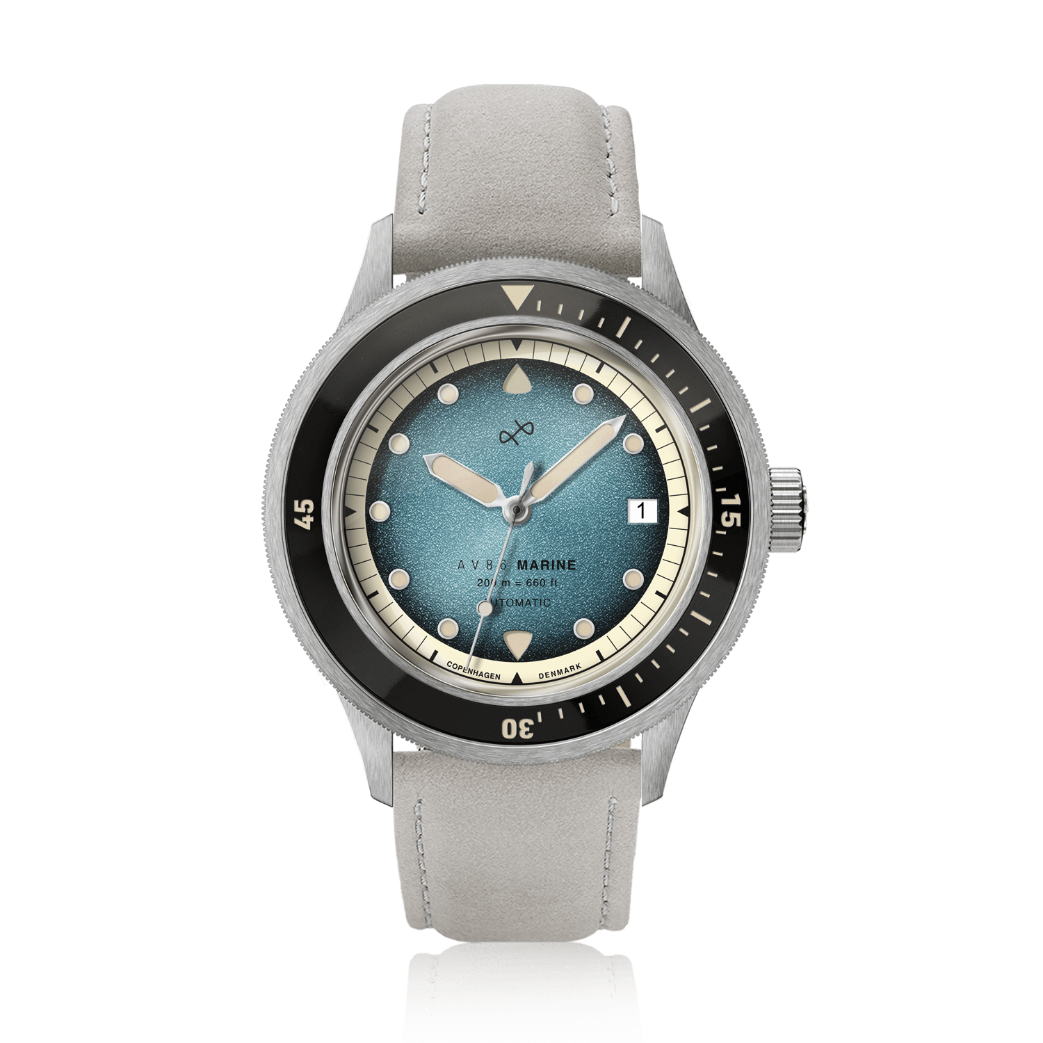 1956 Marine Automatic, Steel / Blue Fade by AV86 featuring a vintage-inspired blue fade dial and light grey leather strap in Danish design style.