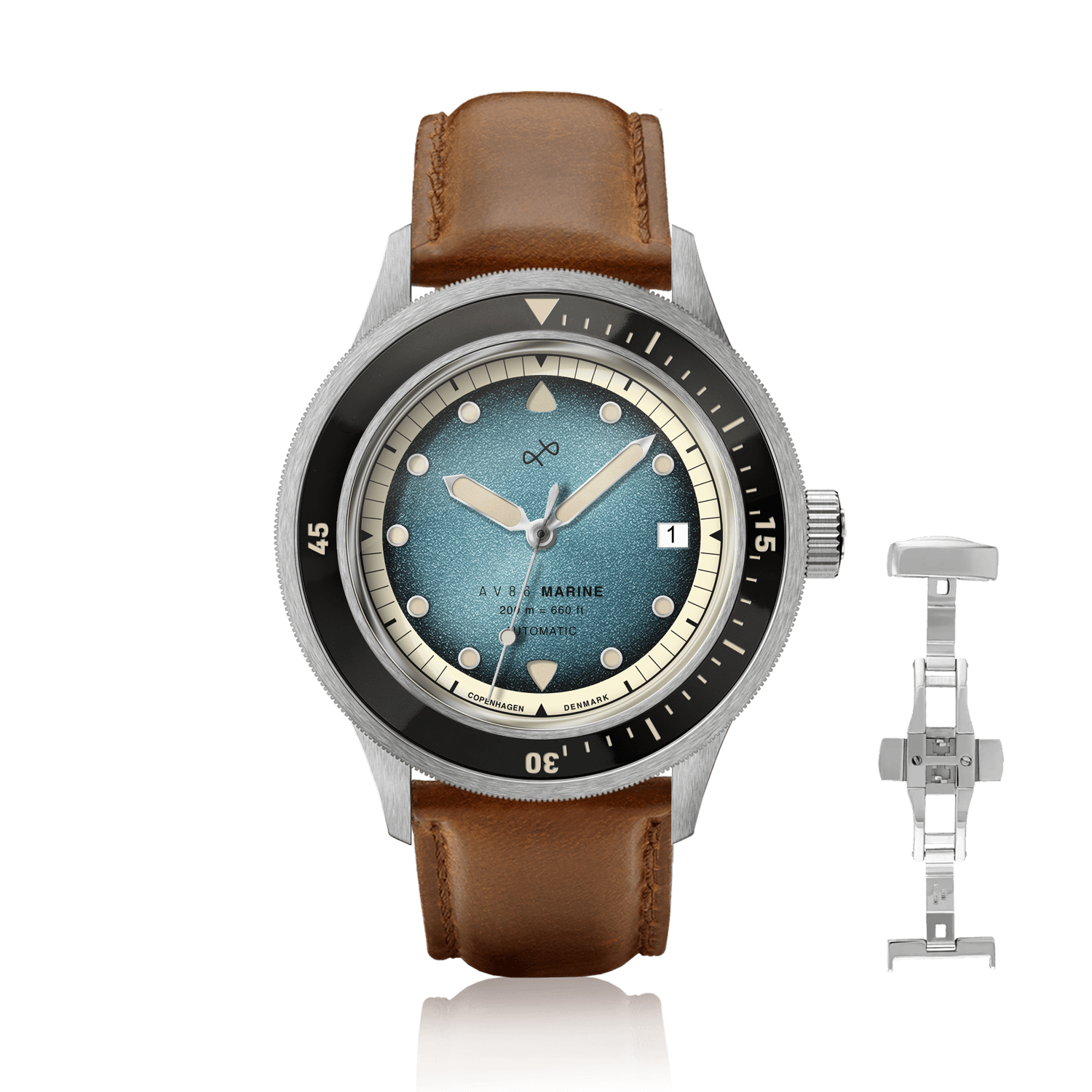 1956 Marine Automatic, Steel / Blue Fade with brown leather strap and stainless steel buckle by AV86, vintage-inspired luxury timepiece