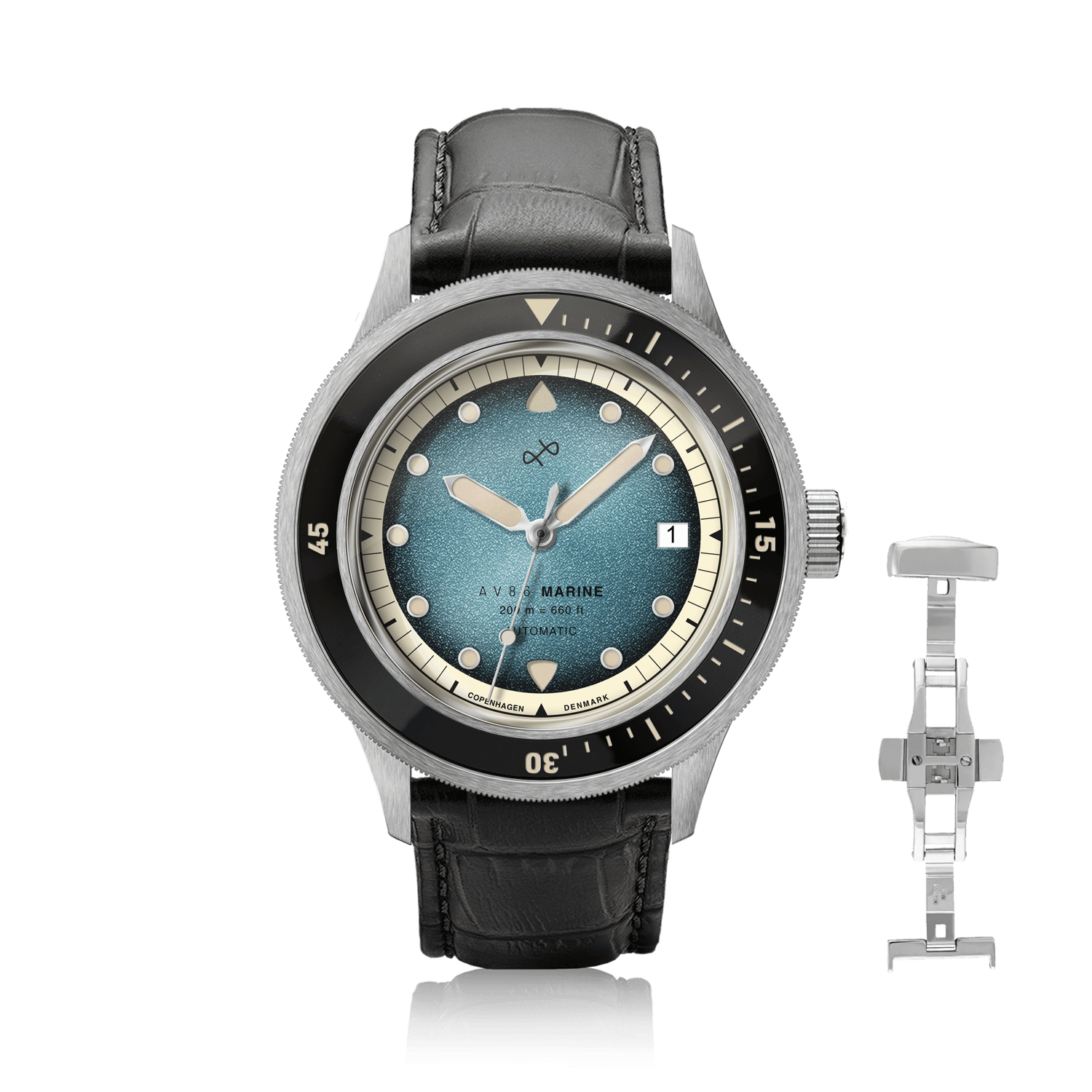 1956 Marine Automatic, Steel / Blue Fade with black leather strap, vintage-inspired luxury timepiece by AV86 showcasing Danish design.