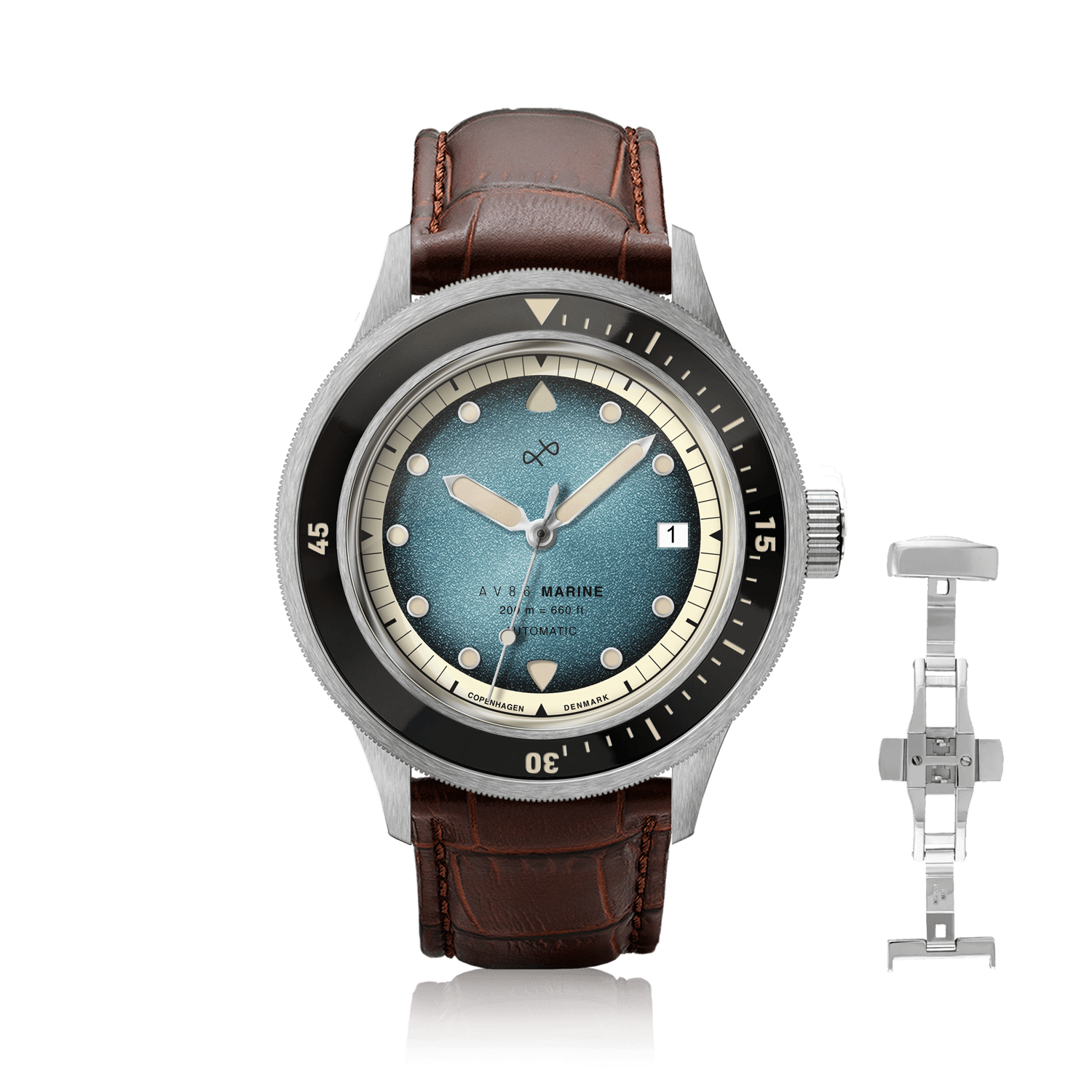 1956年製「Marine Automatic」、スチール製/ブルー・フェードのヴィンテージ風時計。レザーストラップ付き、デンマークデザインスタイルのAV86クラフツマンシップが光る一品です