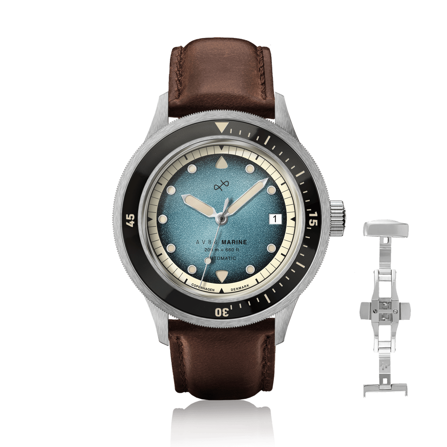 1956年製 Marine Automatic、スチール/ブルーフェード。ブルーフェードの文字盤、ステンレススチール製ケース、AV86製のブラウンレザーストラップを備えています。