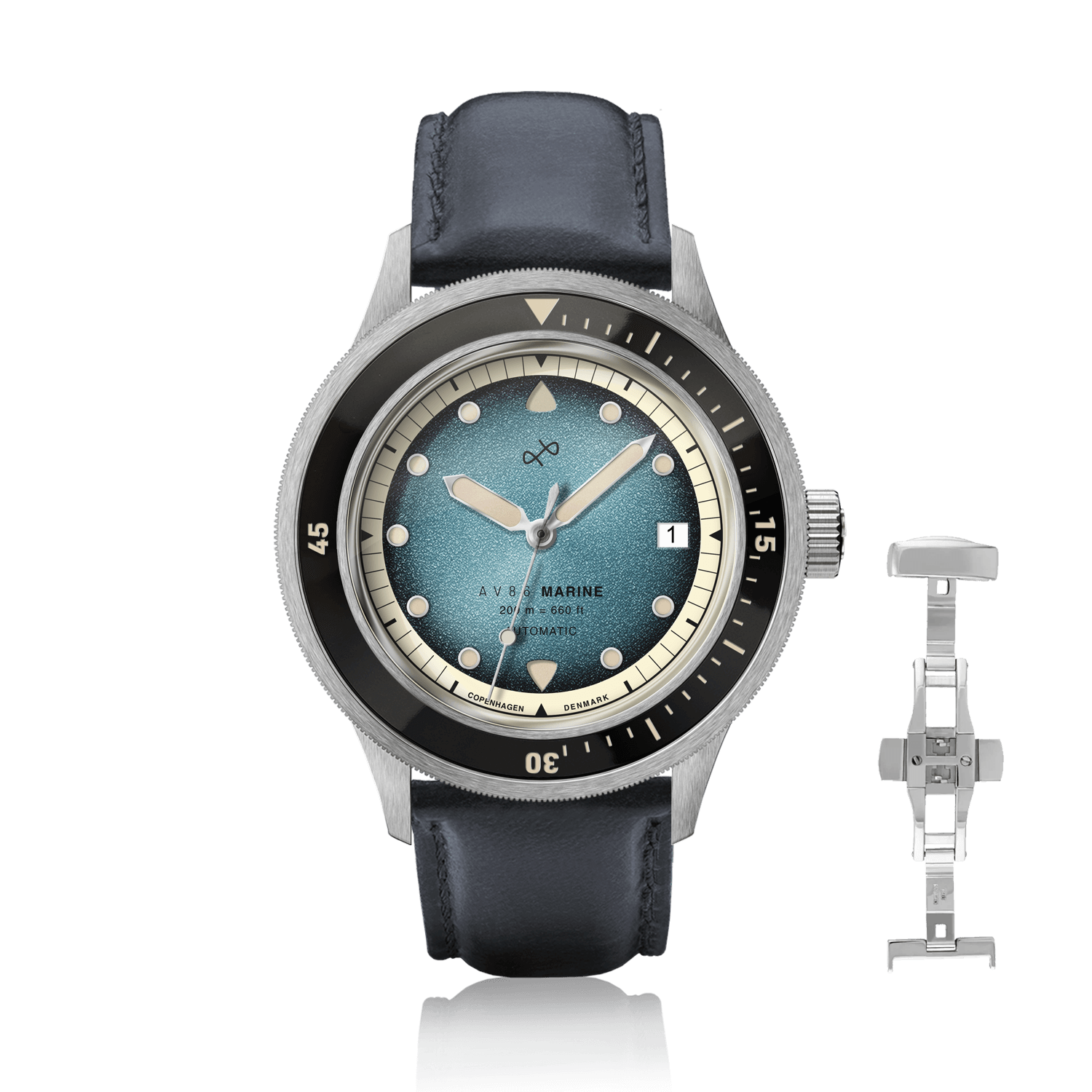 1956年製 Marine Automatic、スチール/ブルーフェード(AV86製)。ヴィンテージ風のデザイン、ブルーフェードの文字盤、そしてブラックレザーストラップが特徴です。