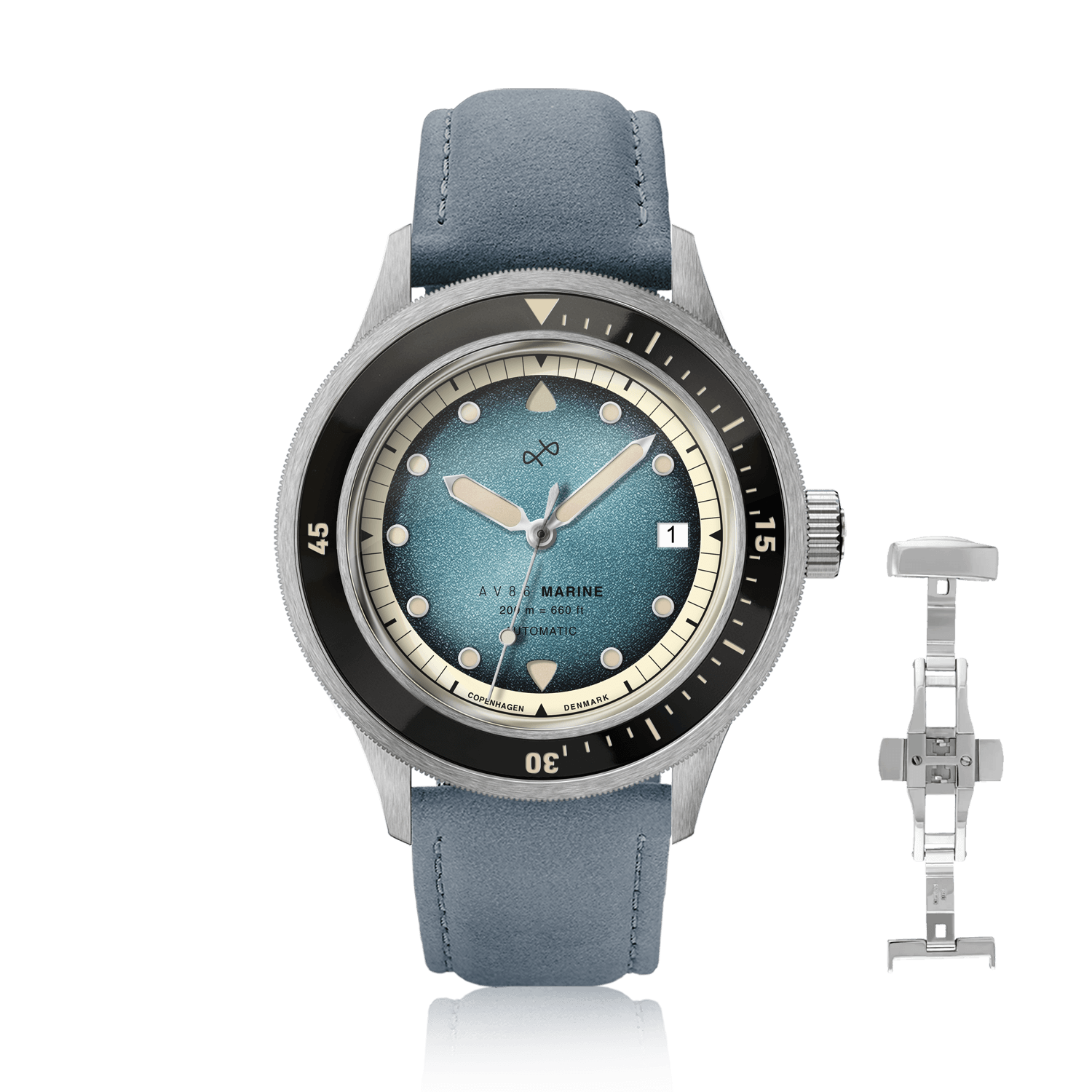 1956 Marine Automatic, Steel / Blue Fade featuring a vintage-inspired blue fade dial and leather strap by AV86 luxury timepiece