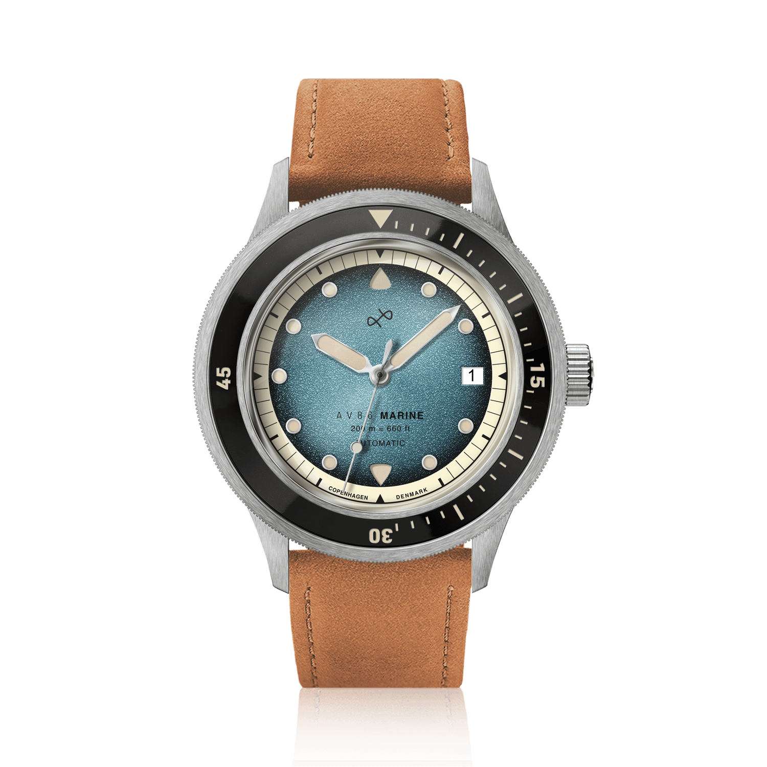 AV86製の1956年モデル「Marine Automatic」、スチール製/ブルー・フェード。ヴィンテージ風のデザインで、ブルーのグラデーション文字盤とブラウンのレザーストラップが特徴です。