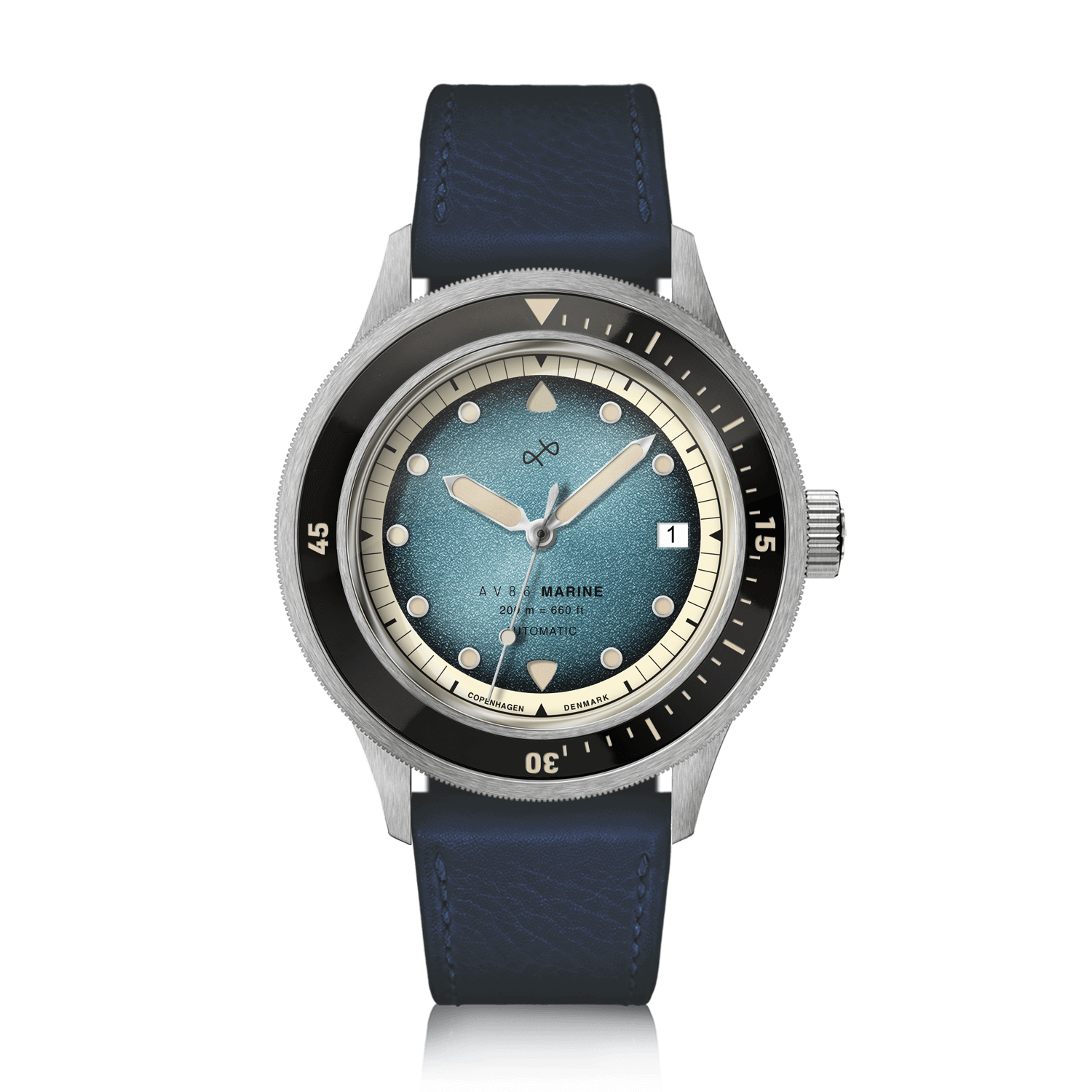 1956 Marine Automatic, Steel / Blue Fade wristwatch by AV86 featuring a blue fade dial, steel case, and navy leather strap