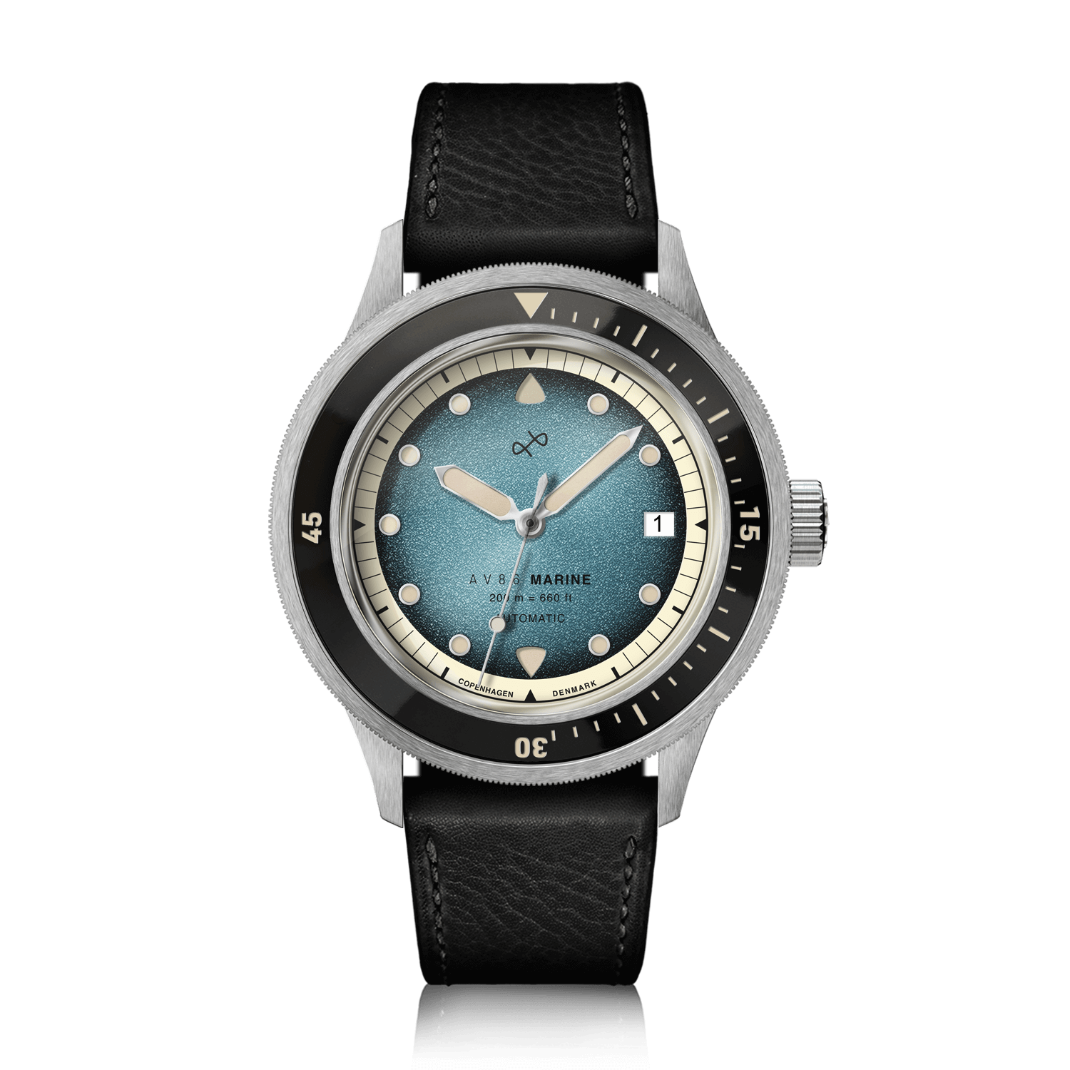 1956 Marine Automatic, Steel / Blue Fade by AV86, vintage-inspired watch with blue fade dial and black leather strap, luxury timepiece