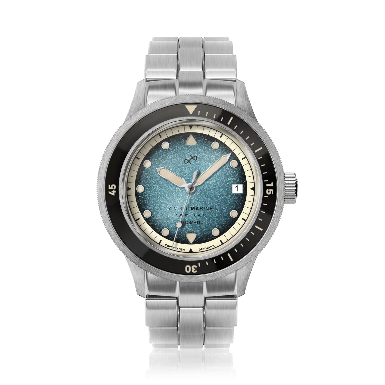AV86製 1956年モデル「Marine Automatic」、スチール製/ブルー・フェードの腕時計。ステンレススチール製ブレスレットと、ヴィンテージ風のブルーグラデーション文字盤を備えています。