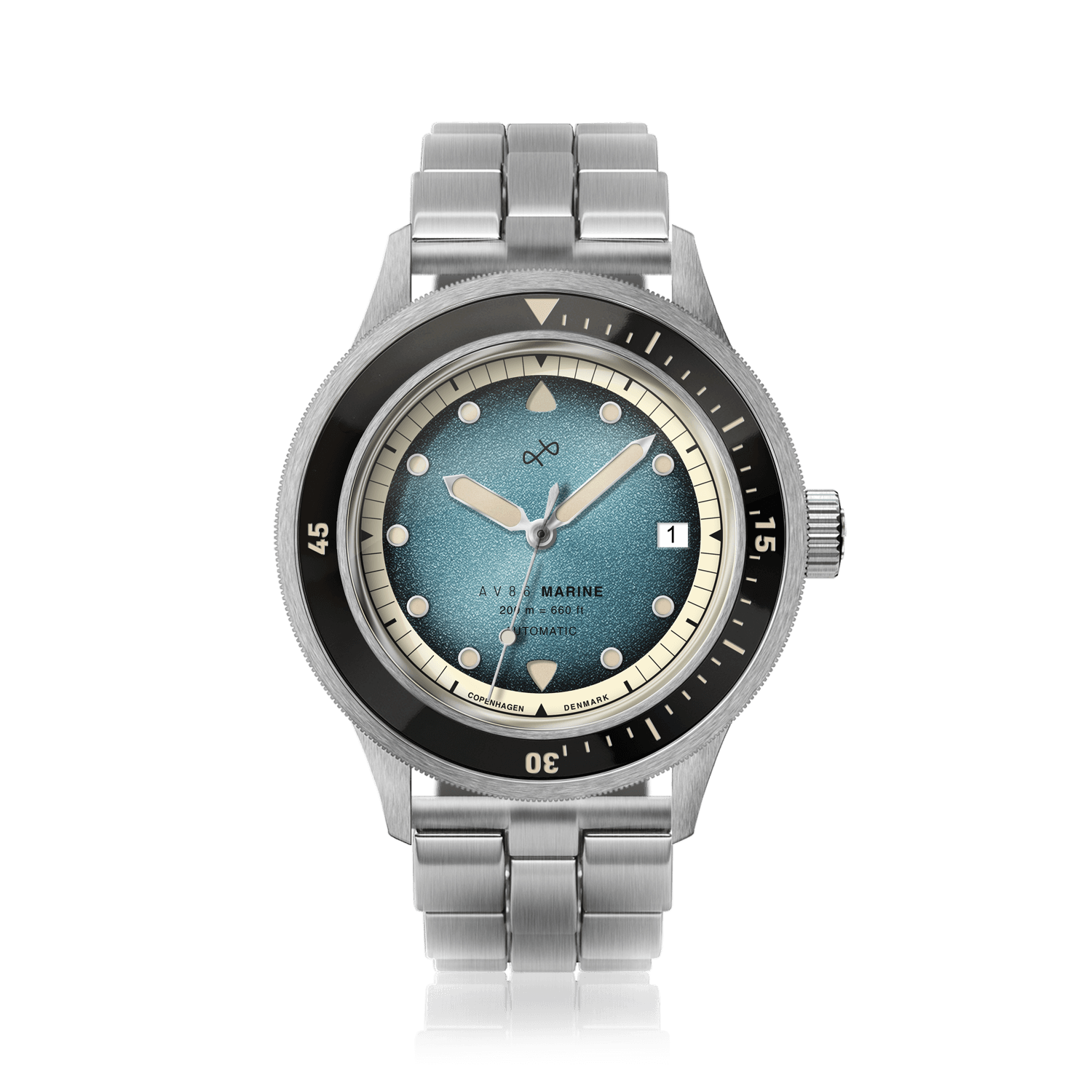 1956 Marine Automatic, Steel / Blue Fade with stainless steel bracelet, blue gradient dial, and vintage-inspired design by AV86