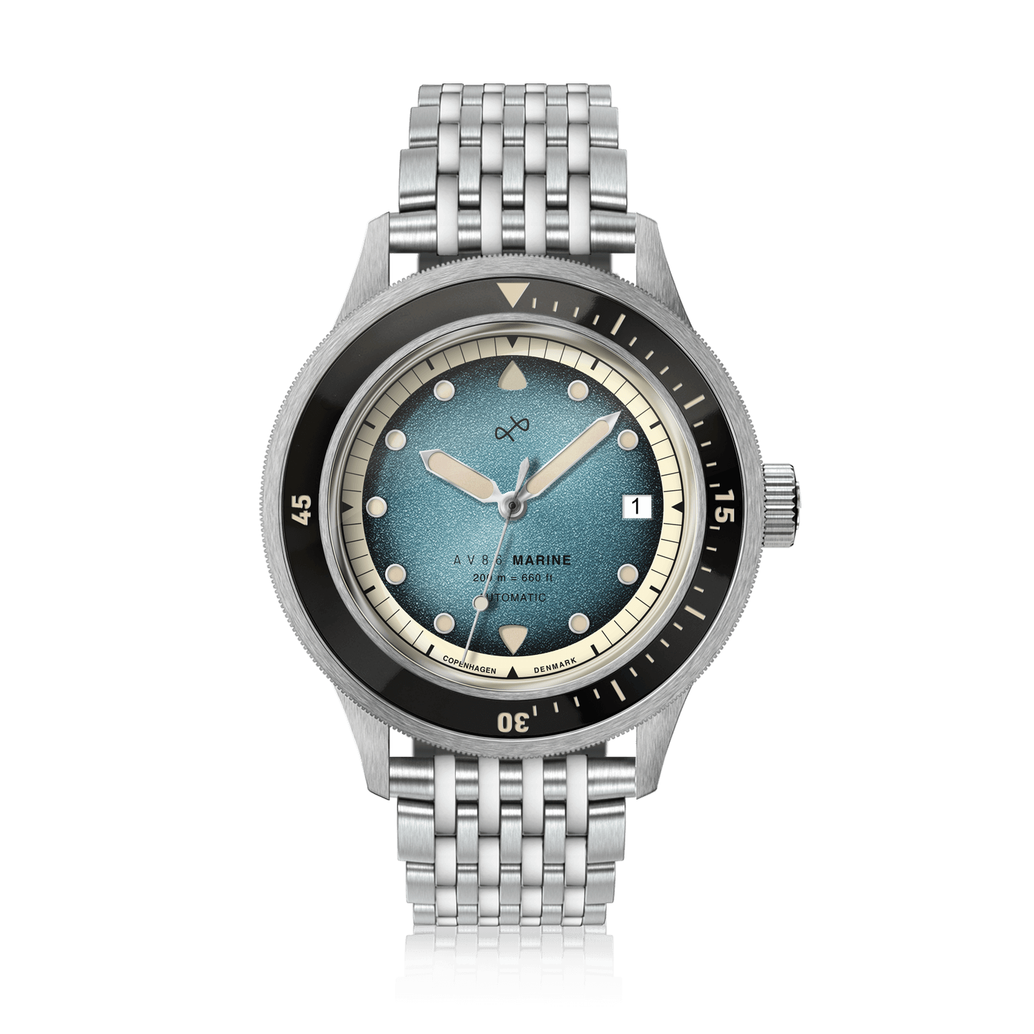 AV86製の1956年モデル「Marine Automatic」、スチール製/ブルーフェードのヴィンテージ風時計。ステンレススチール製ブレスレットと、ブルーフェードの文字盤デザインを採用しています。