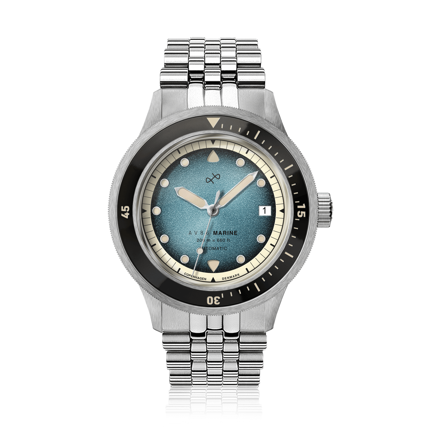 1956年製 Marine Automatic、スチール製/ブルー・フェード仕上げ、ステンレススチール製ブレスレット、ヴィンテージ風文字盤、AV86ならではのクラフツマンシップが光るディテール。
