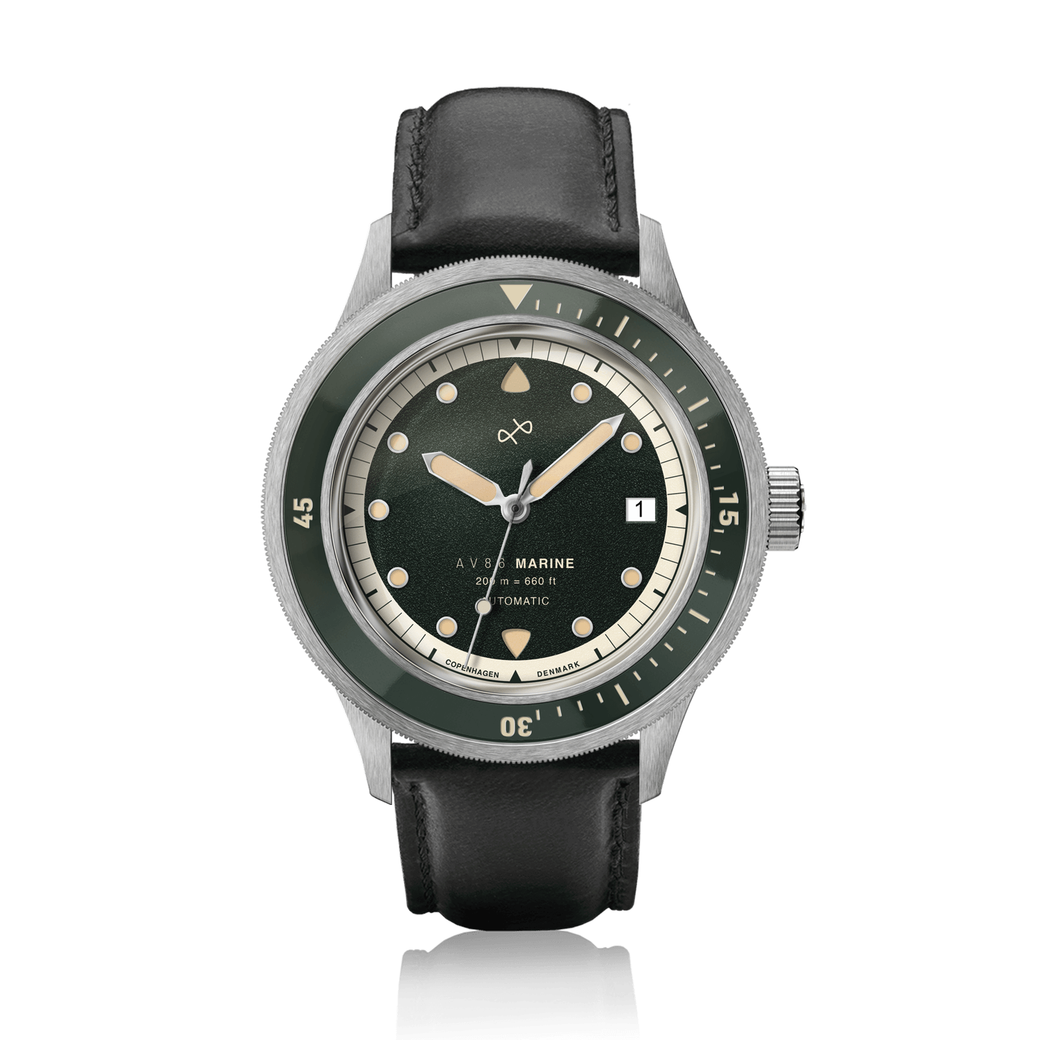 1956 Marine Automatic, Steel / Green vintage-inspired watch by AV86 with green dial, steel case, and black leather strap