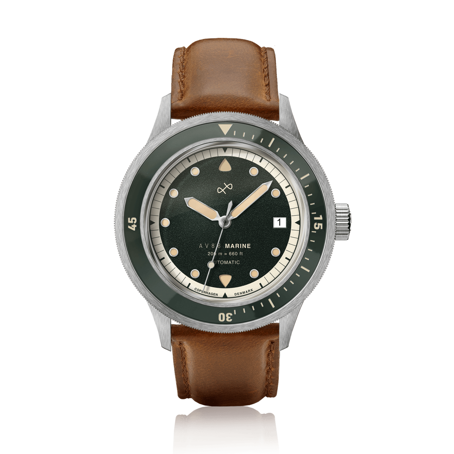 1956 Marine Automatic, Steel / Green by AV86 featuring a green dial, steel case, and brown leather strap with vintage-inspired design.