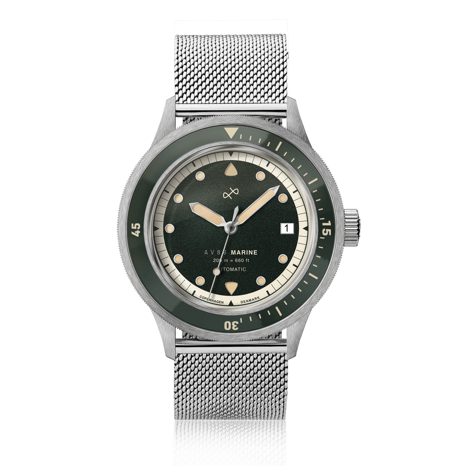 1956 Marine Automatic, Steel / Green wristwatch by AV86 with green bezel, silver mesh strap, and vintage-inspired design.