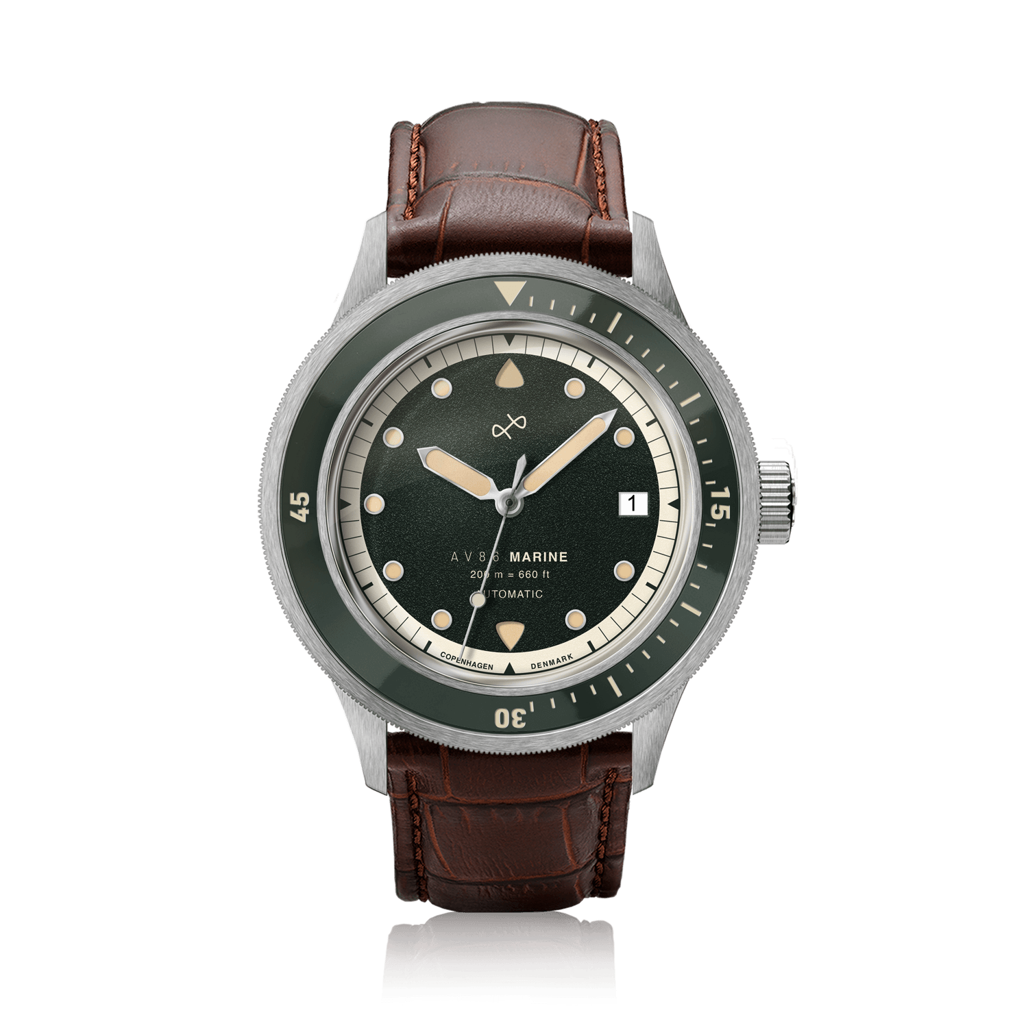 1956 Marine Automatic, Steel / Green with vintage-inspired green dial, steel bezel, and brown leather strap by AV86 luxury timepiece.