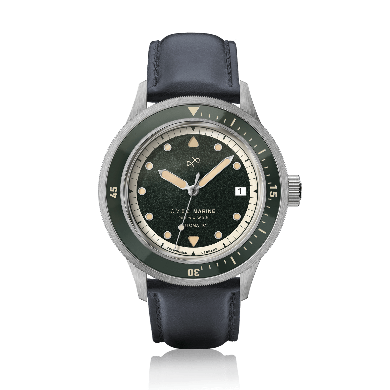 1956 Marine Automatic, Steel / Green wristwatch by AV86 featuring vintage-inspired design, green dial, and black leather strap.