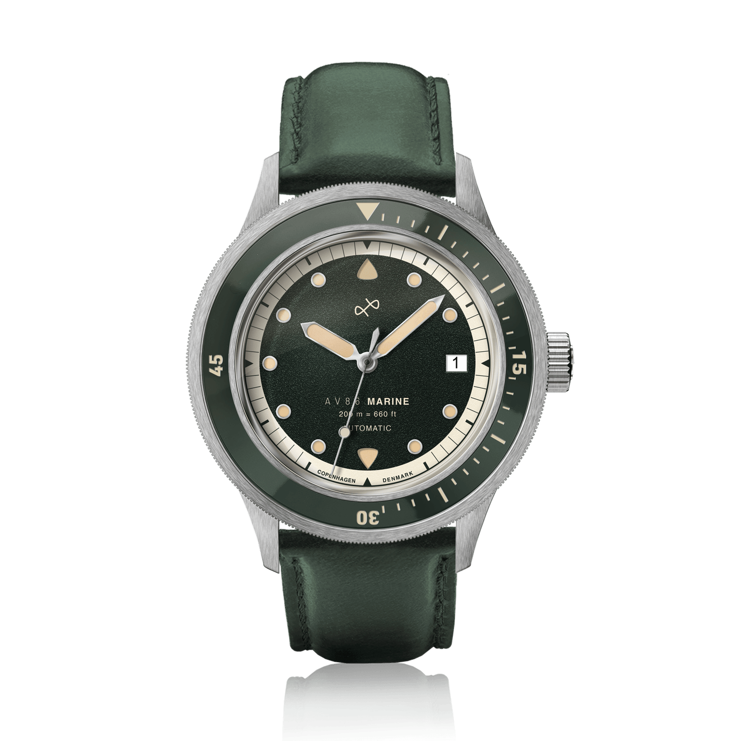 1956 Marine Automatic, Steel / Green vintage-inspired watch by AV86 with green leather strap and steel case design