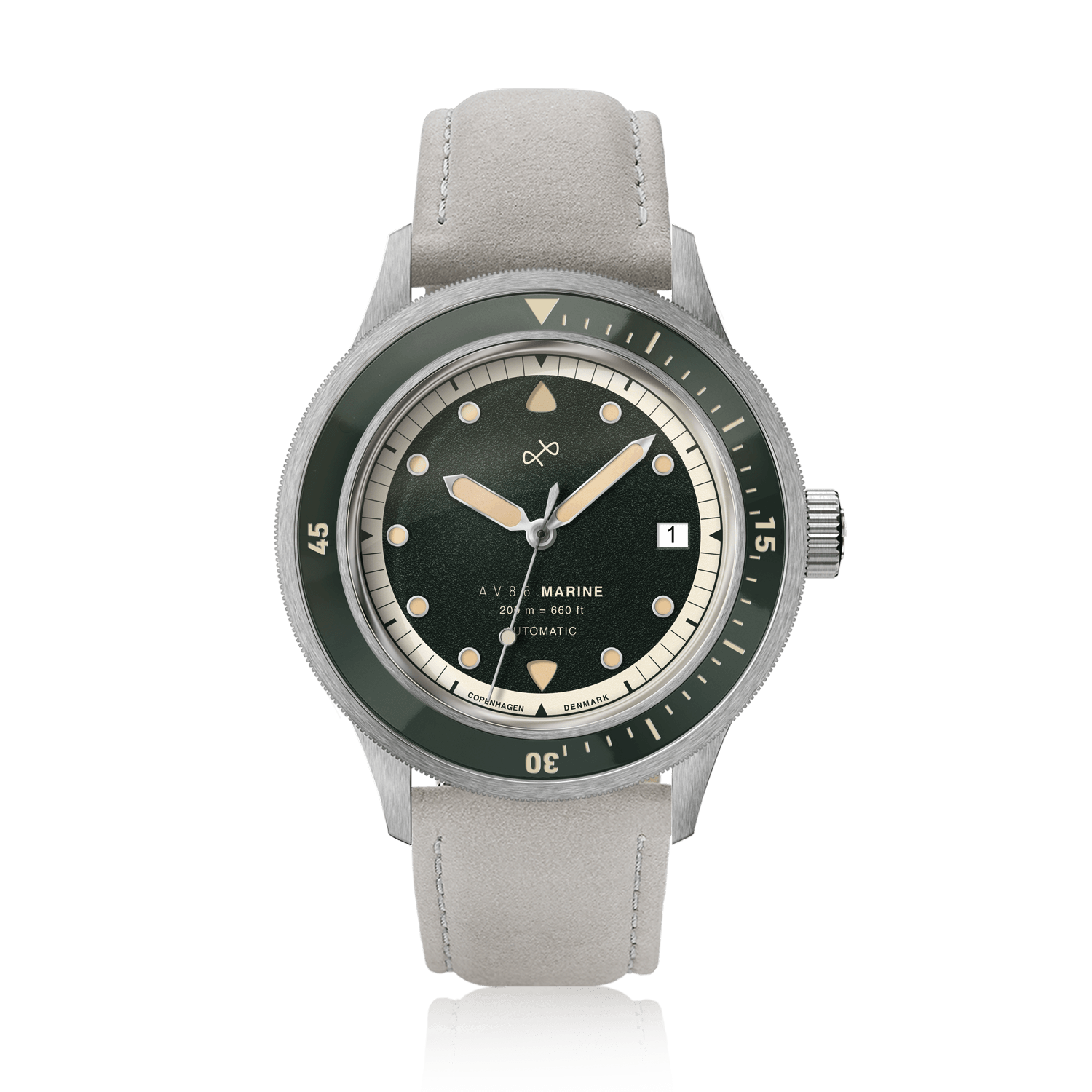 1956 Marine Automatic, Steel / Green luxury timepiece by AV86 featuring green dial, steel case, and beige leather strap with date window.