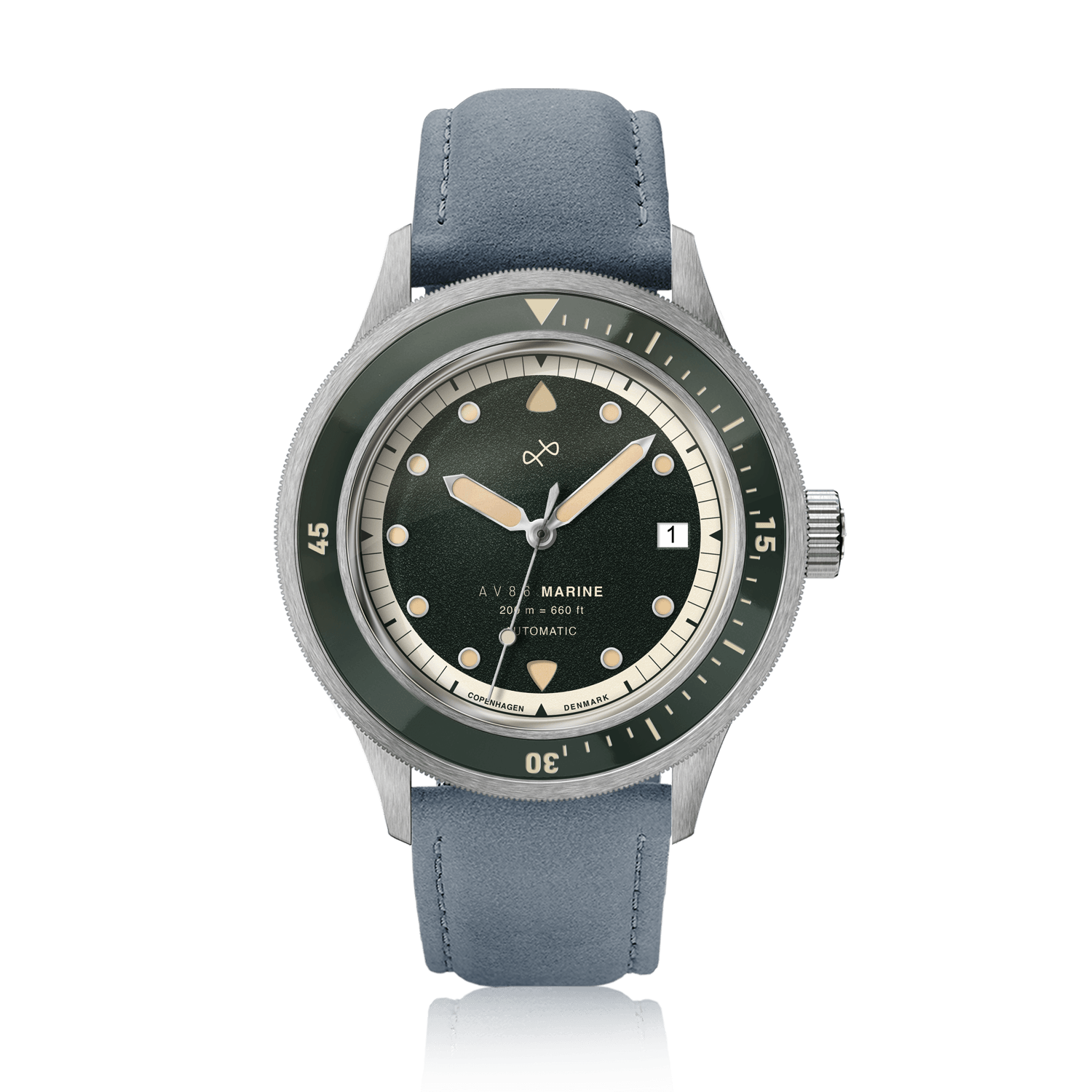 1956 Marine Automatic, Steel / Green with vintage-inspired dial, stainless steel case, blue leather strap by AV86 luxury timepiece