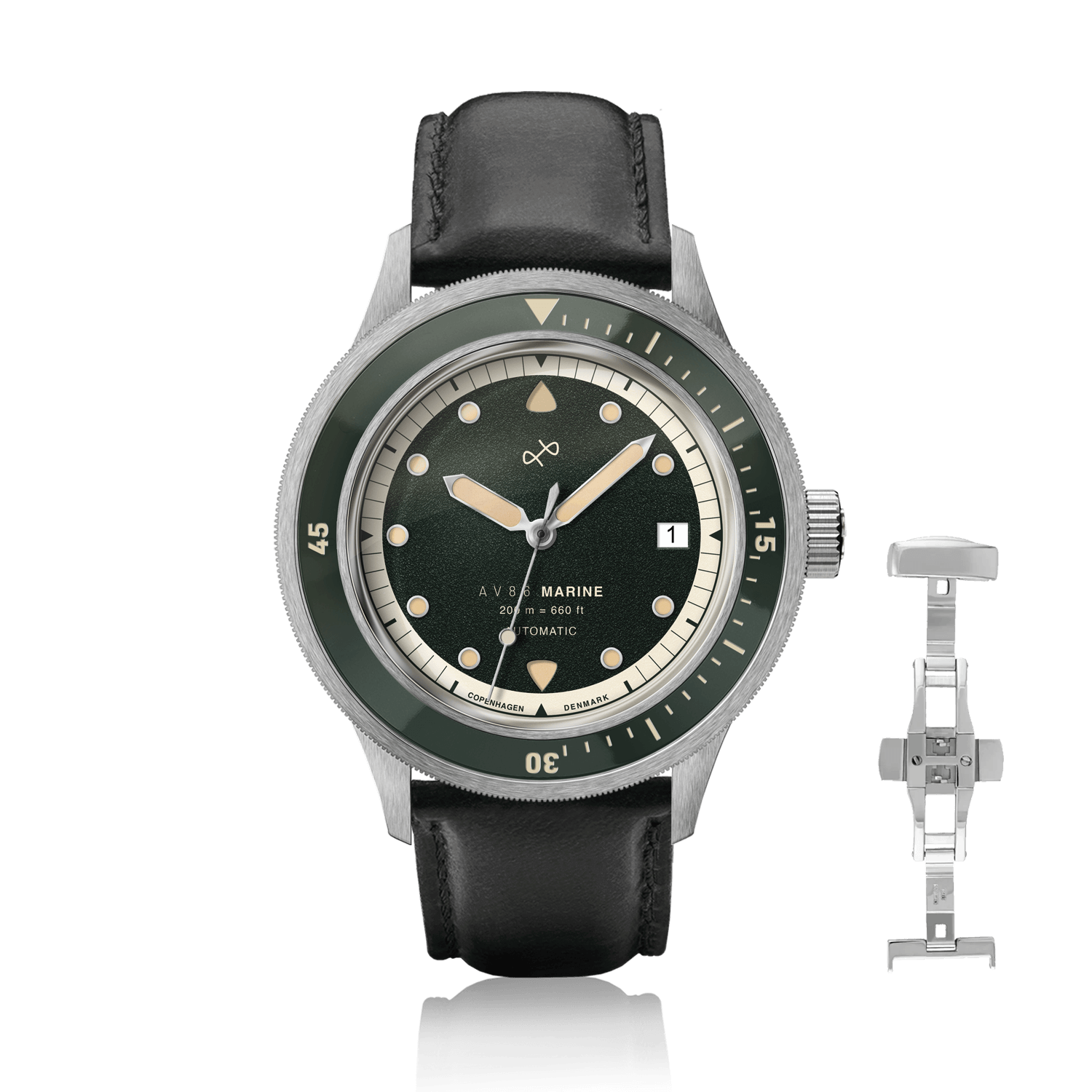 1956 Marine Automatic, Steel / Green by AV86 featuring a green dial, steel case, and black leather strap with vintage-inspired design.