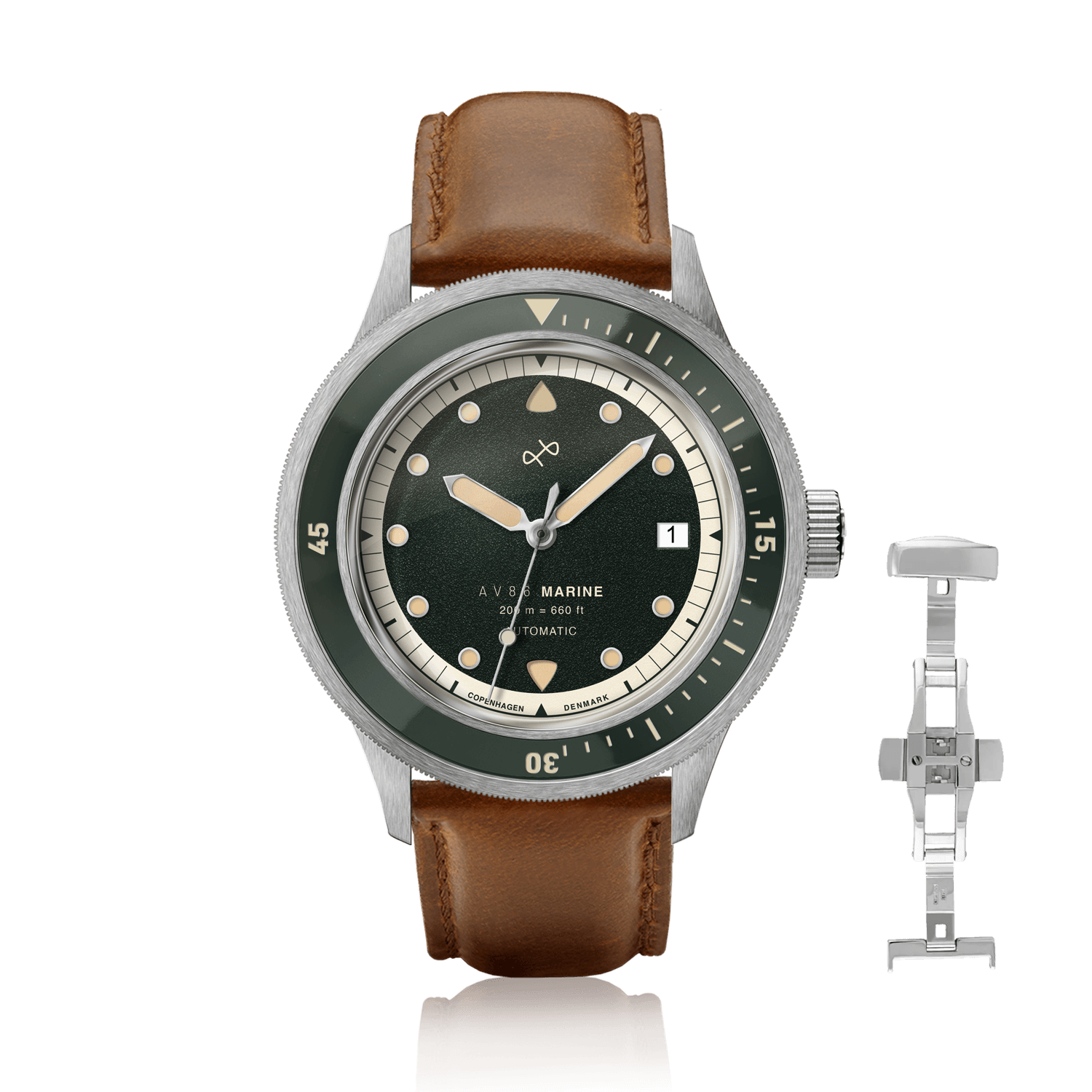 1956 Marine Automatic, Steel / Green with vintage-inspired dial, brown leather strap, and AV86 craftsmanship in Danish Design style