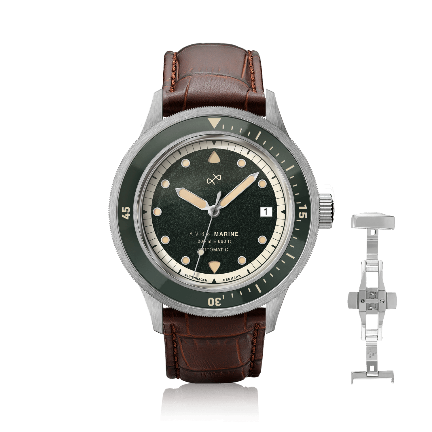 1956 Marine Automatic, Steel / Green wristwatch by AV86 with vintage-inspired dial and brown leather strap with deployant clasp