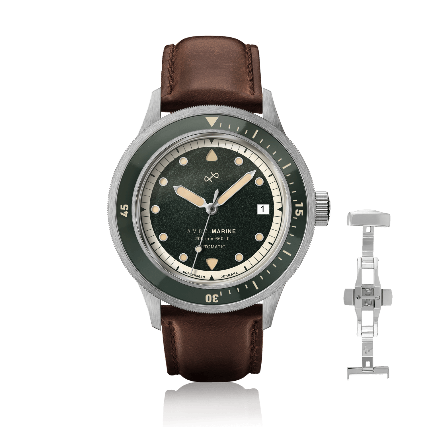 1956 Marine Automatic, Steel / Green vintage-inspired watch by AV86 with green dial and brown leather strap luxury timepiece