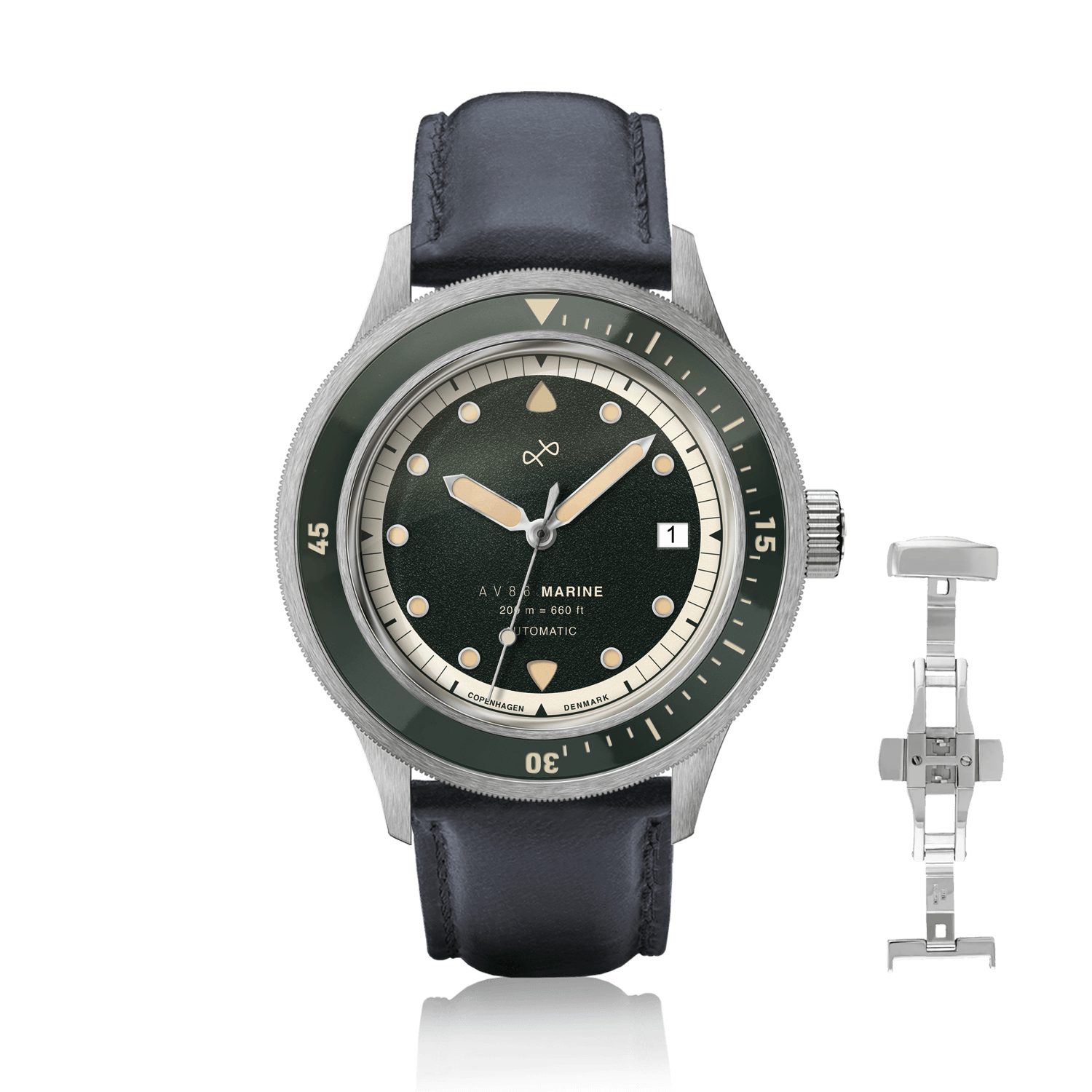 1956 Marine Automatic, Steel / Green vintage-inspired watch by AV86 with leather strap and stainless steel case, elegant design