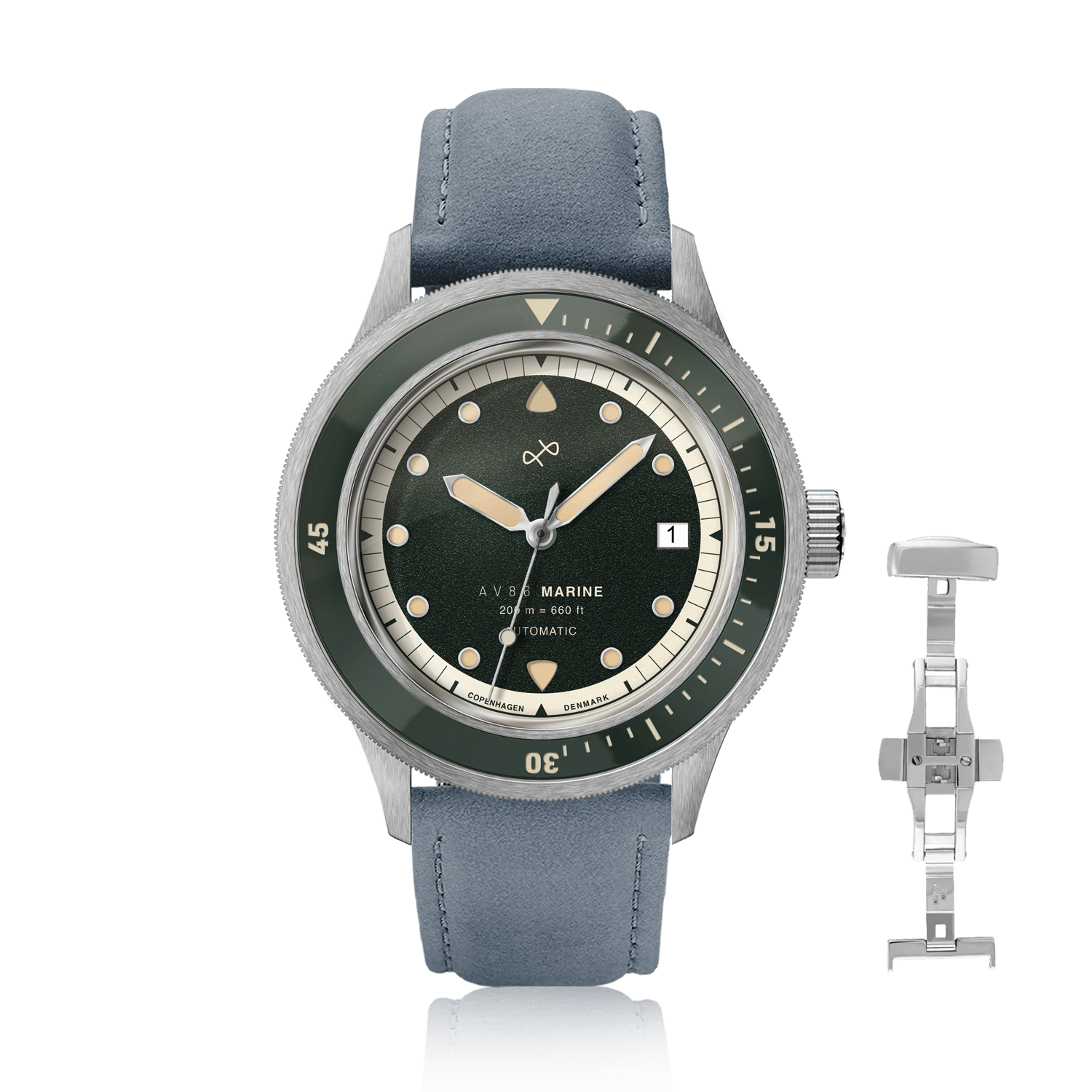 1956 Marine Automatic, Steel / Green by AV86, vintage-inspired luxury timepiece with green dial, steel case, and blue leather strap.