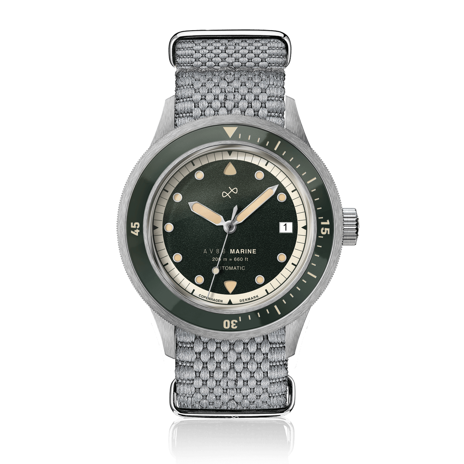 1956 Marine Automatic, Steel / Green by AV86 featuring a green dial, steel case, and woven gray strap in Danish design style.