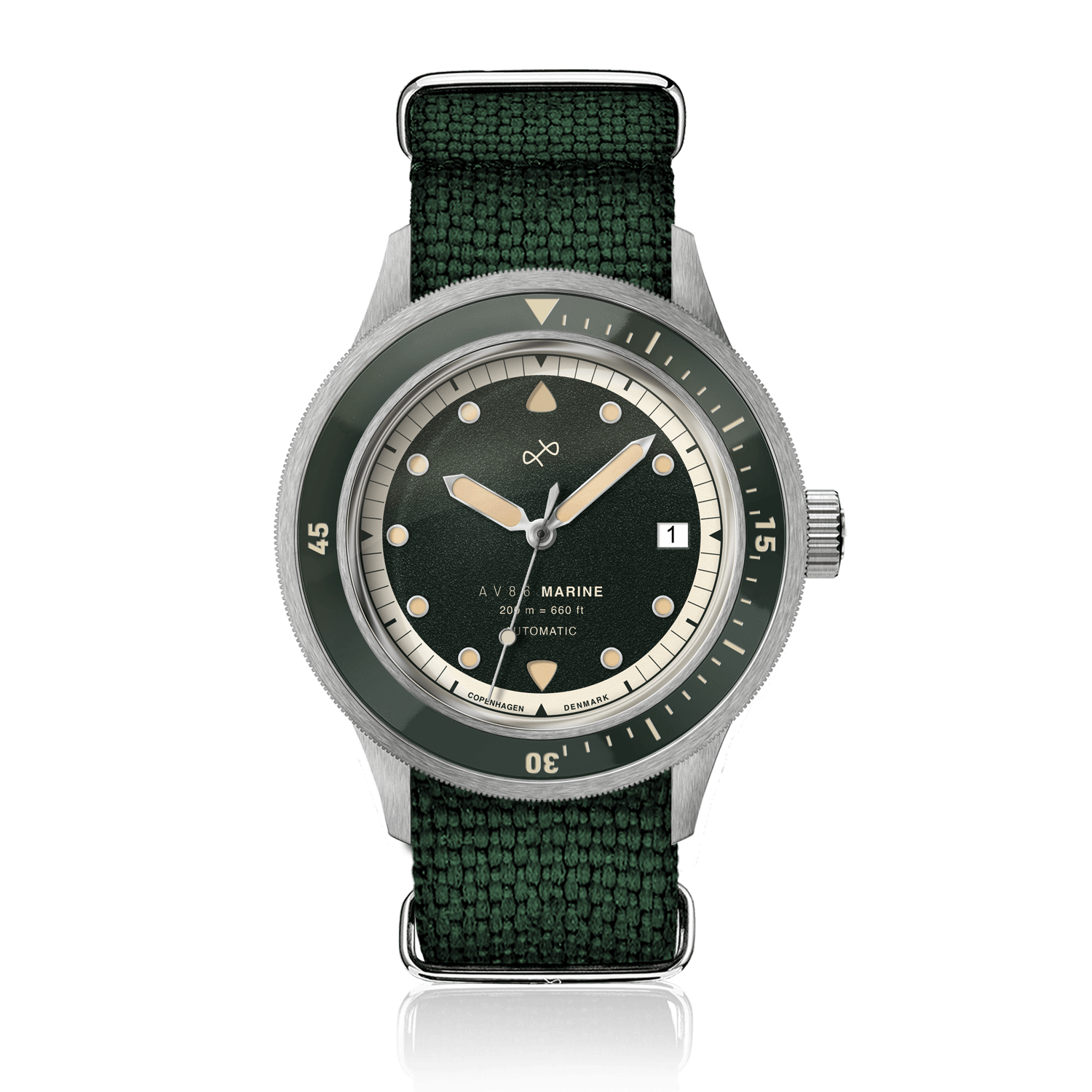 1956 Marine Automatic, Steel / Green by AV86 with green textured strap, stainless steel case, and vintage-inspired design details
