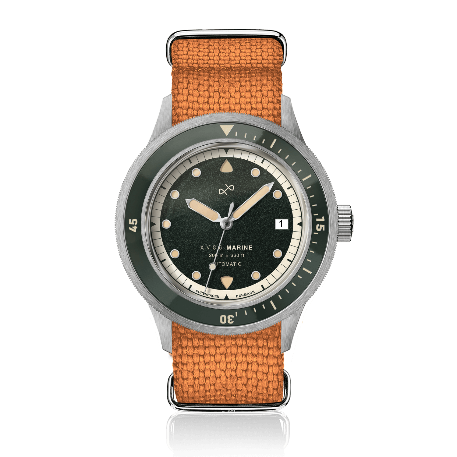 1956 Marine Automatic, Steel / Green by AV86, vintage-inspired watch with green dial, steel case, and woven orange strap.